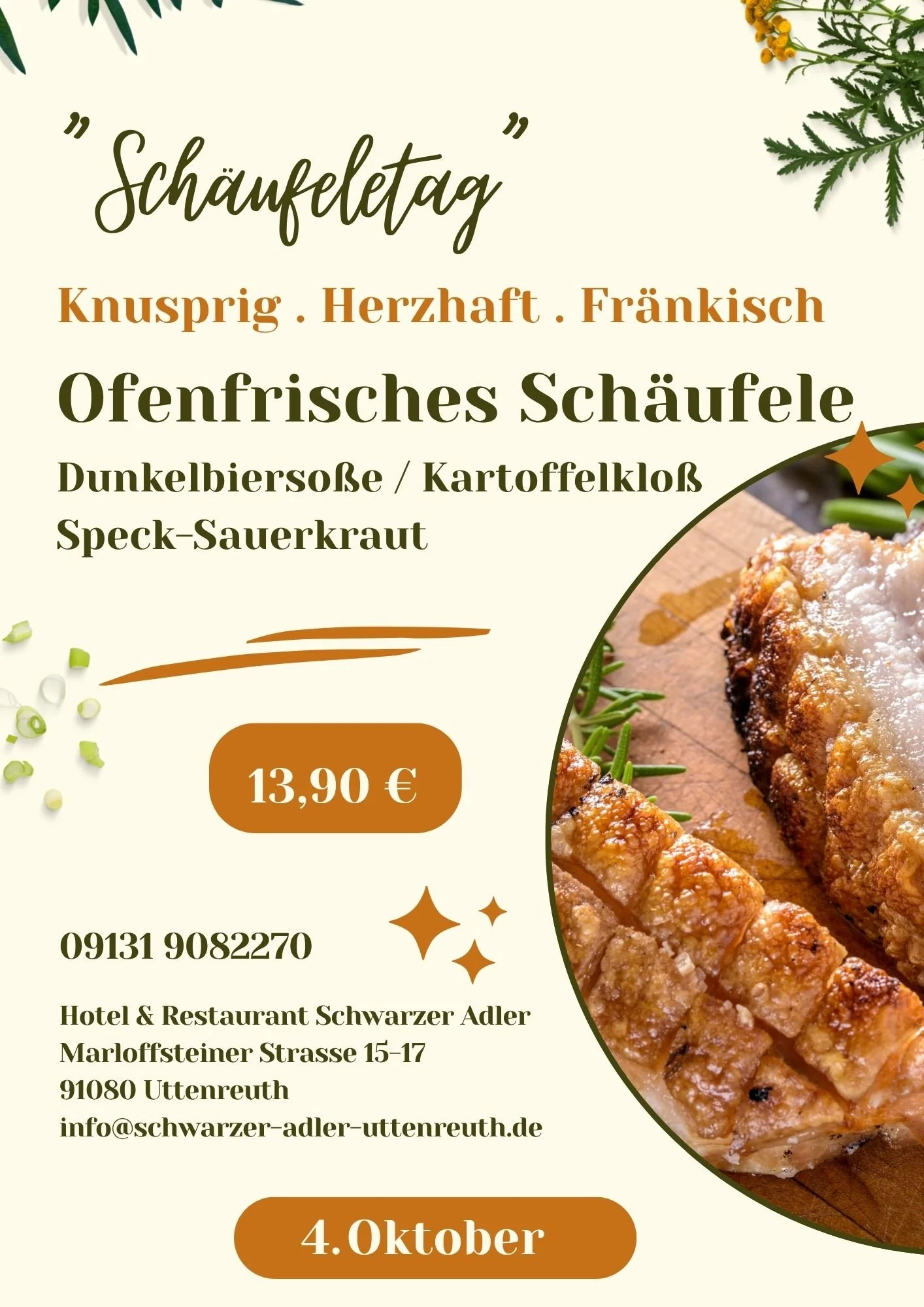 Schäufeletag am 4. Oktober 2026 im Schwarzen Adler Uttenreuth – fränkisches Schäufele