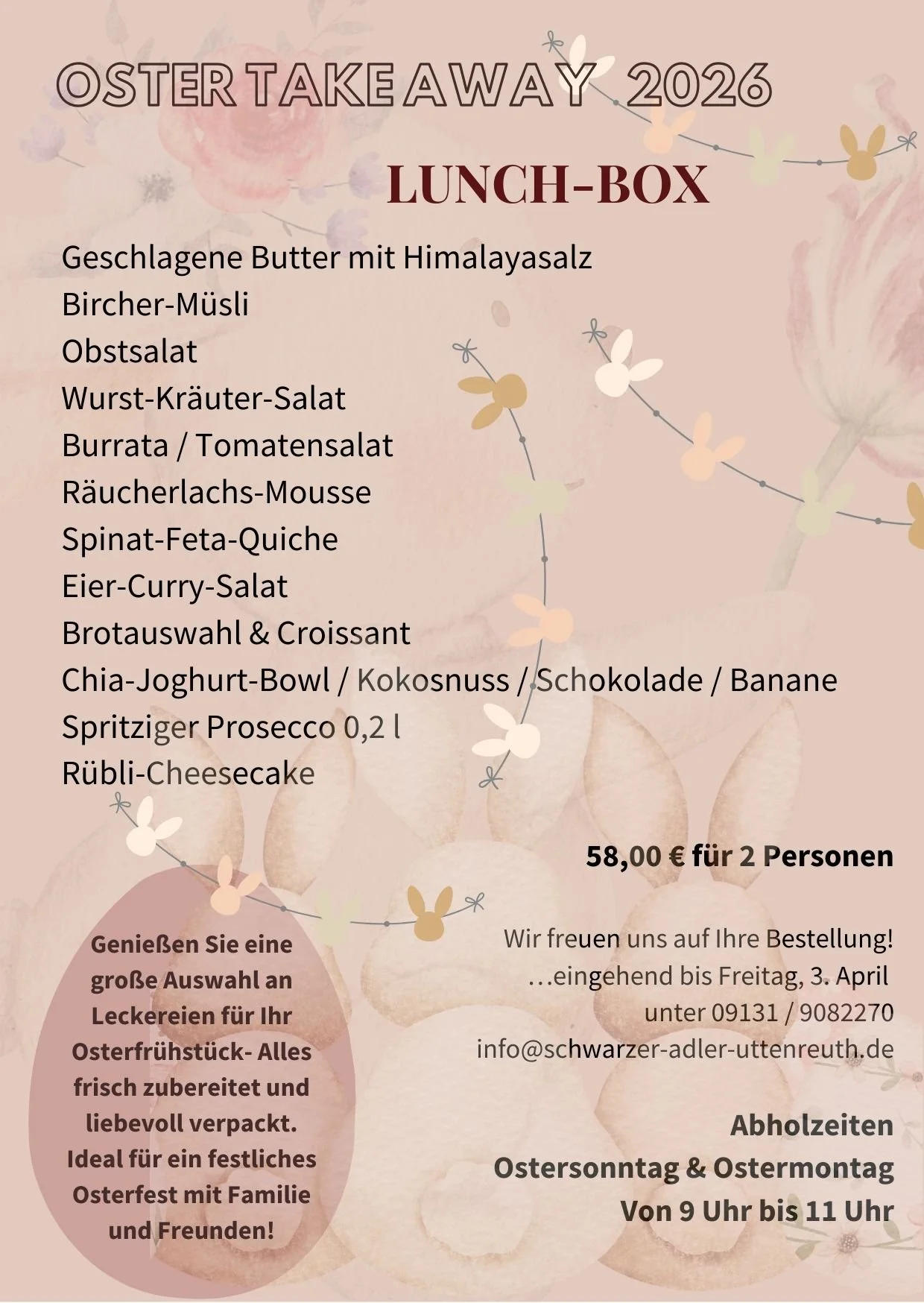 ster-Brunchbox to go mit frischen Brötchen, Croissants, Käse und Osterleckereien