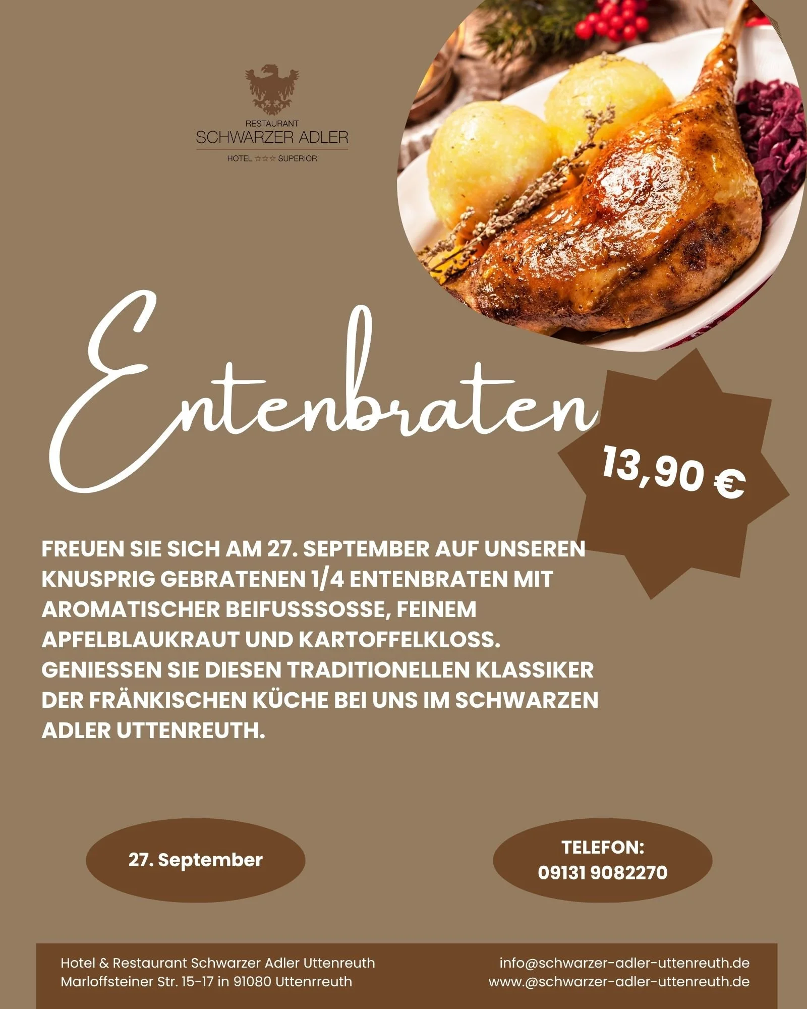 Entenbraten am 27. September im Schwarzen Adler Uttenreuth