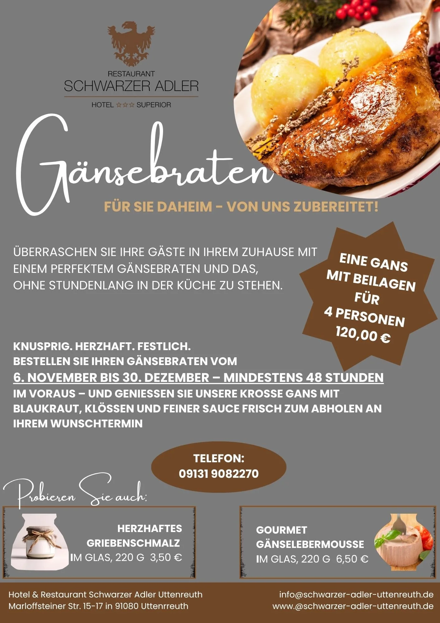 Goldbraun gebratene Weihnachtsgans To Go vom Schwarzen Adler Uttenreuth mit Beilagen und Sauce