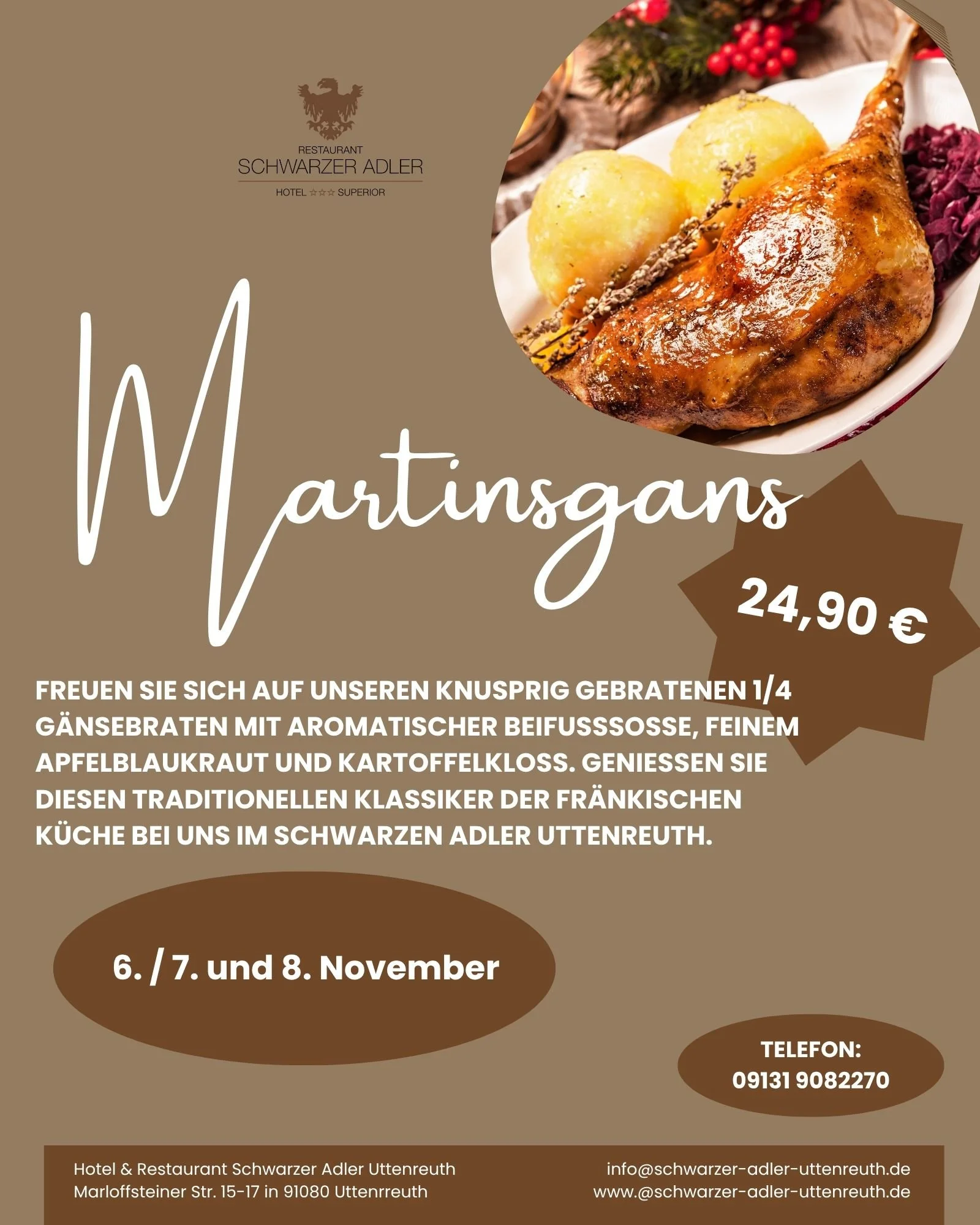 Knusprig gebratener 1/4 Gänsebraten mit Beifußsoße, Apfelblaukraut und Kartoffelkloß im Schwarzen Adler Uttenreuth
