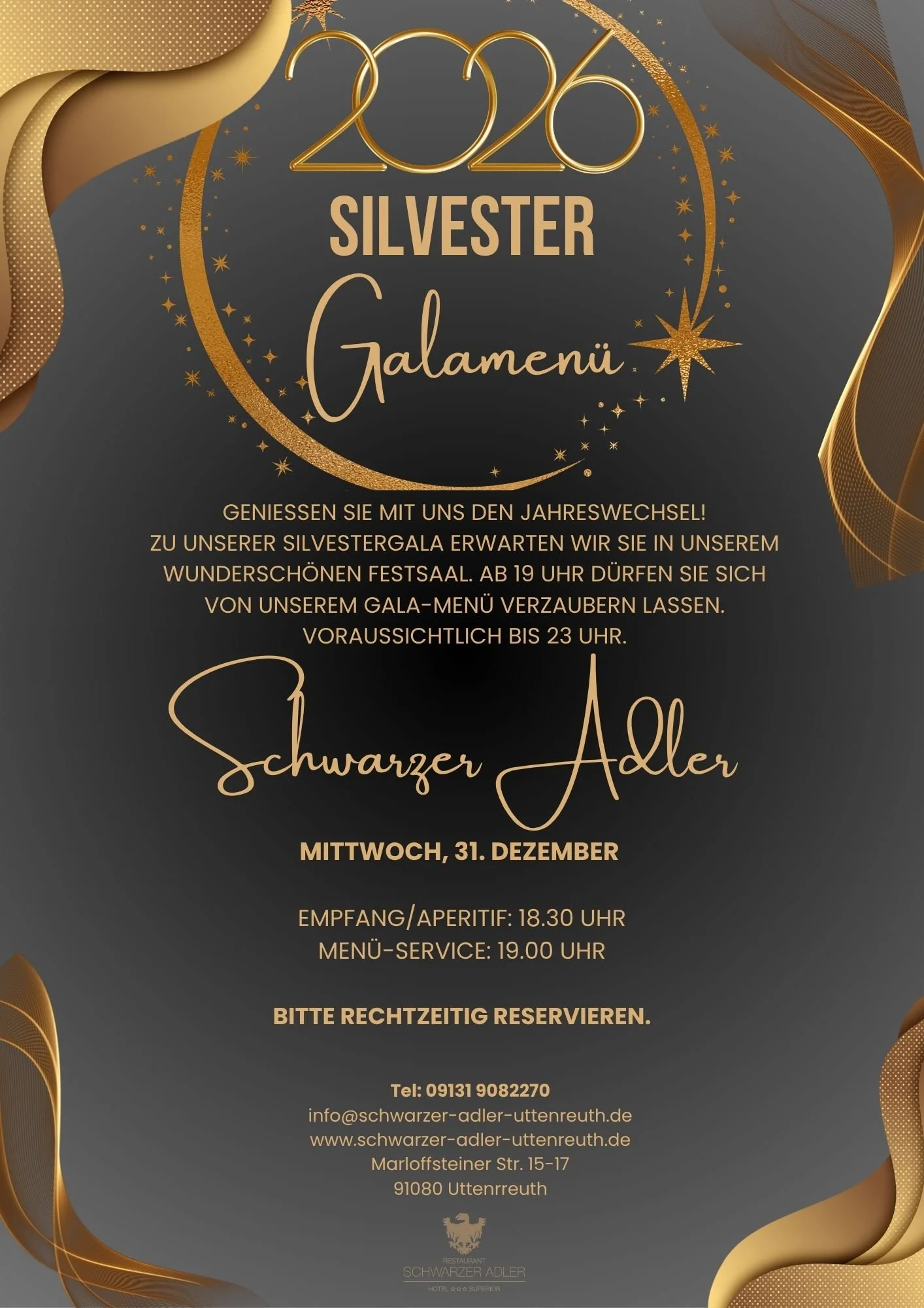 Plakat mit dem Silvester-Gala-Menü 2026/27 – Aperitif, Vorspeise, Hauptgänge und Dessert im Schwarzen Adler Uttenreuth