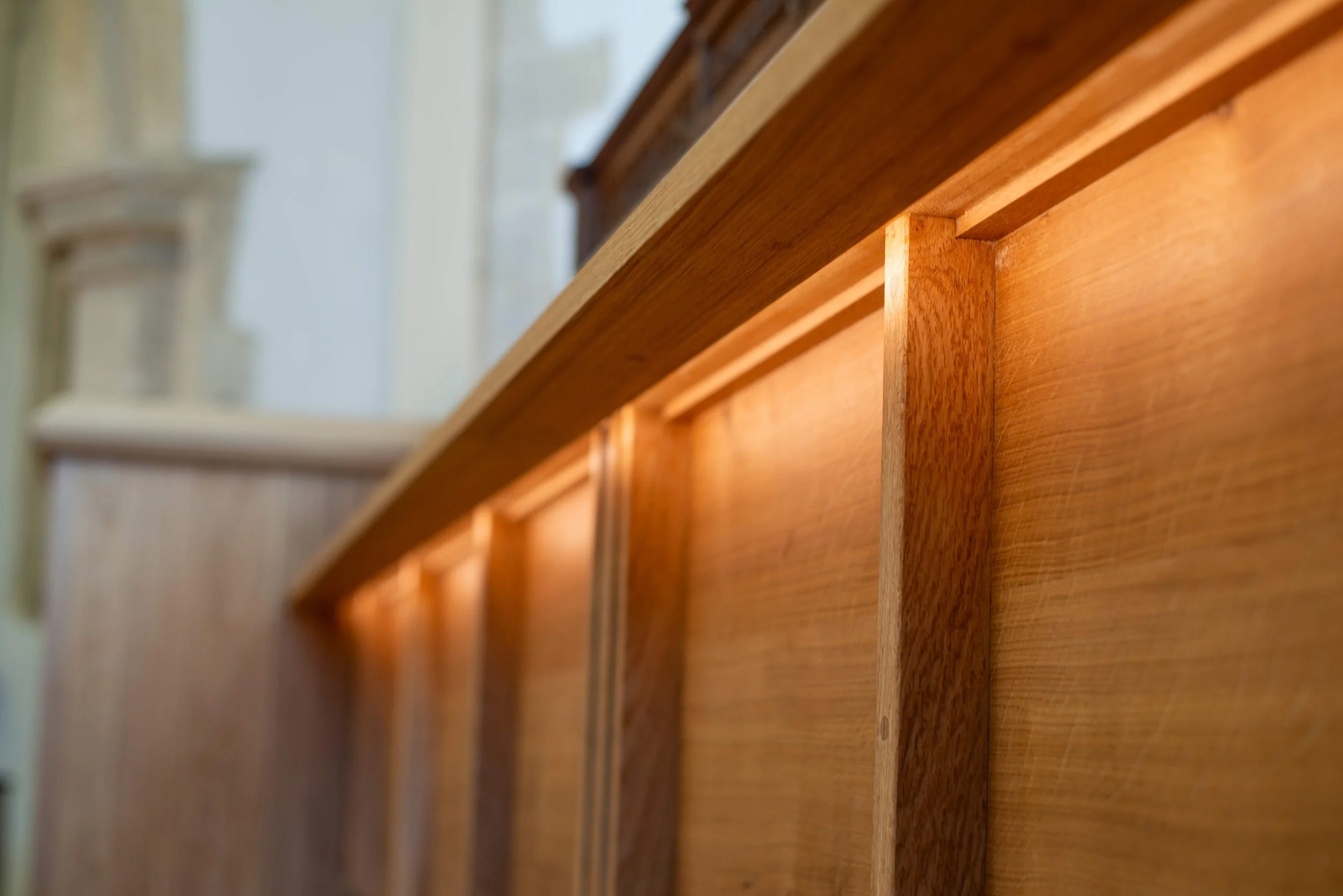 Church Kitchen, Close up, Lifting Counter with LED - Sutherland Joinery