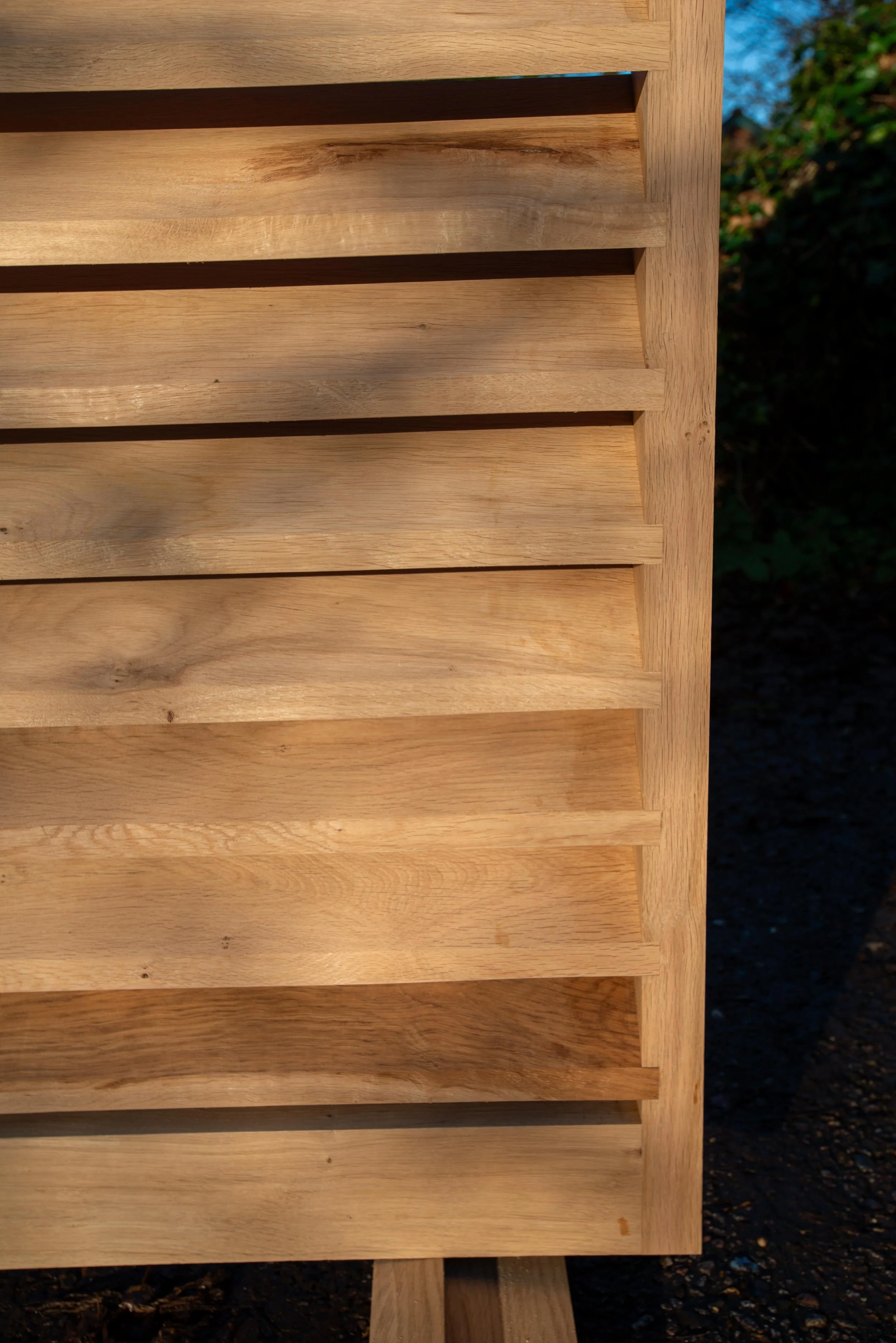Church belfry louvre in oak, in detail