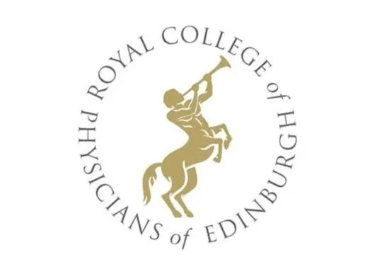Logo of the Royal College of Physicians of Edinburgh featuring a gold man playing a trumpet on a rearing horse, encircled by the institution's name.