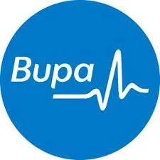 Bupa logo with company name and heartbeat line in a blue circle