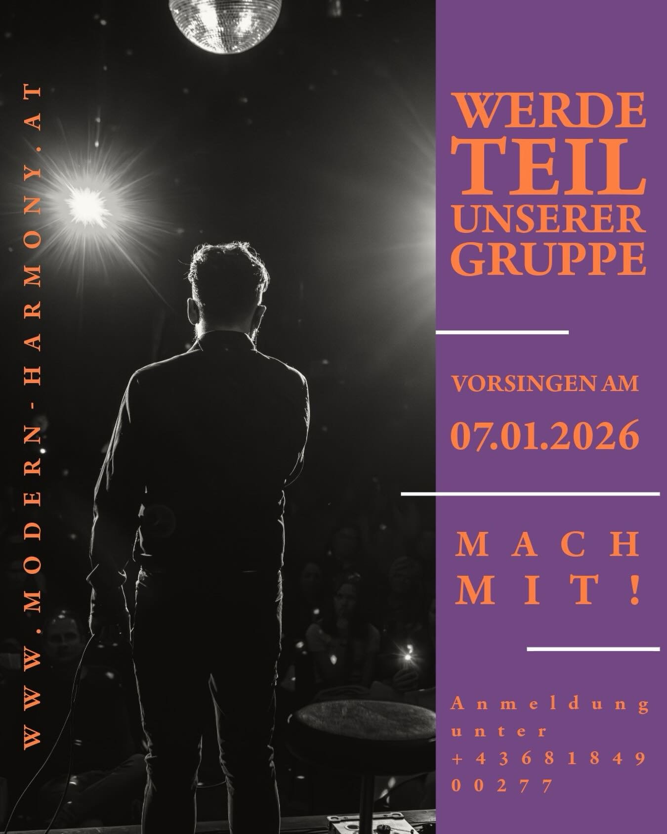 🎶✨ Lust auf Singen in einer coolen Gemeinschaft?
Am 07.01. um 18:30 Uhr findet unser Vorsingen f&uuml;r Modern Harmony (18&ndash;25 Jahre) statt!
Wenn du Musik liebst und Teil einer motivierten Gruppe sein willst, komm vorbei 🎤💜
👉 Schreib uns f&u