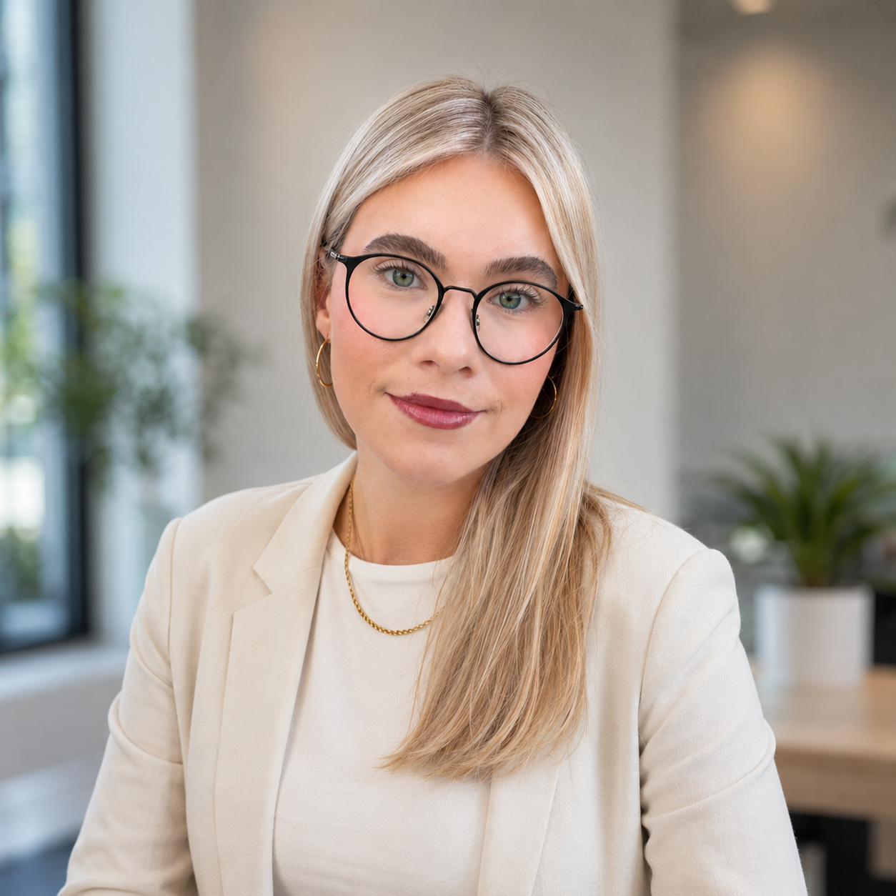Junge blonde Frau mit Brille, weißem Blazer und Goldschmuck in einem modernen Büro, blickt freundlich in die Kamera.