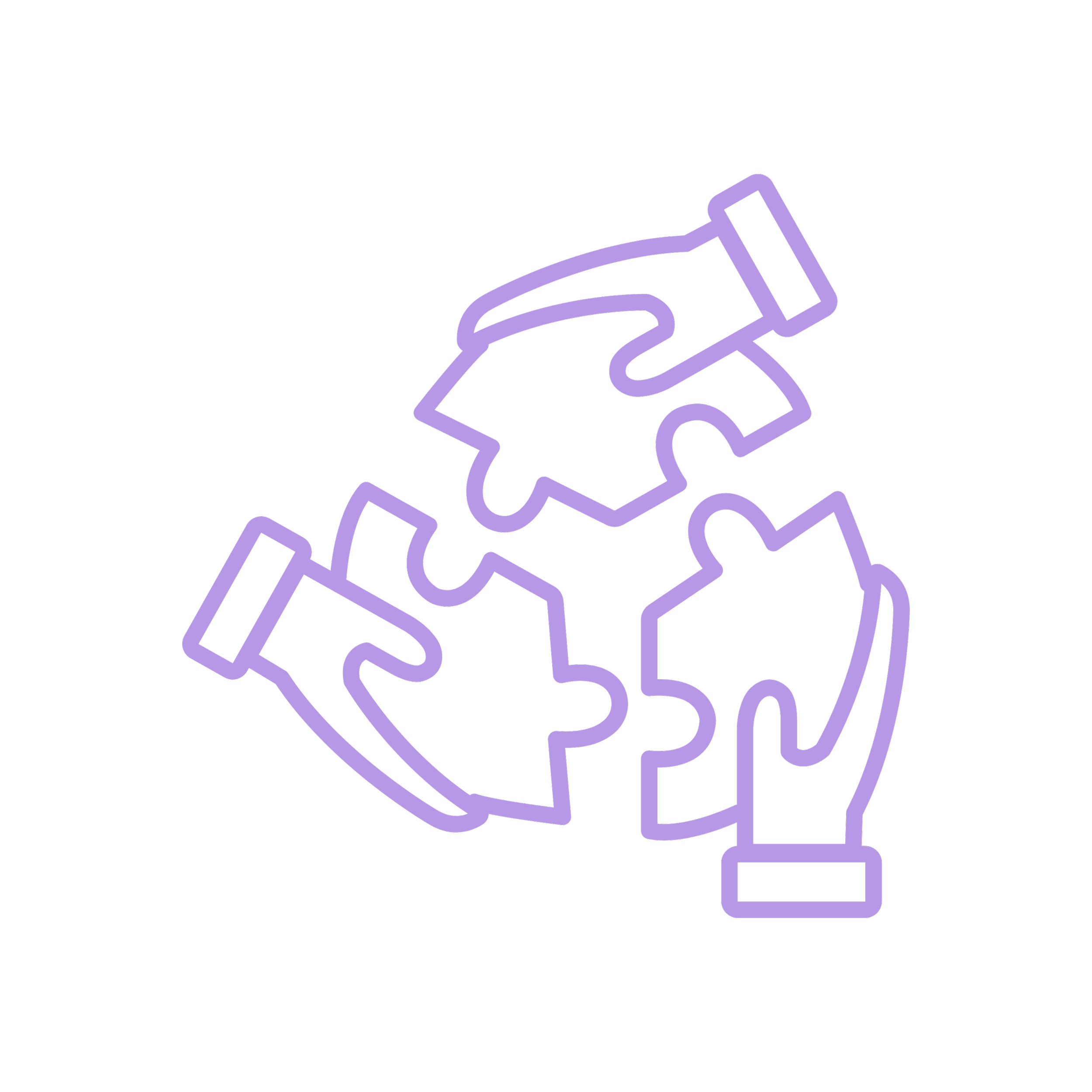 Eine Illustration mit drei Händen, die sich Puzzleteile reichen, dargestellt in einer lilafarbenen Kontur.