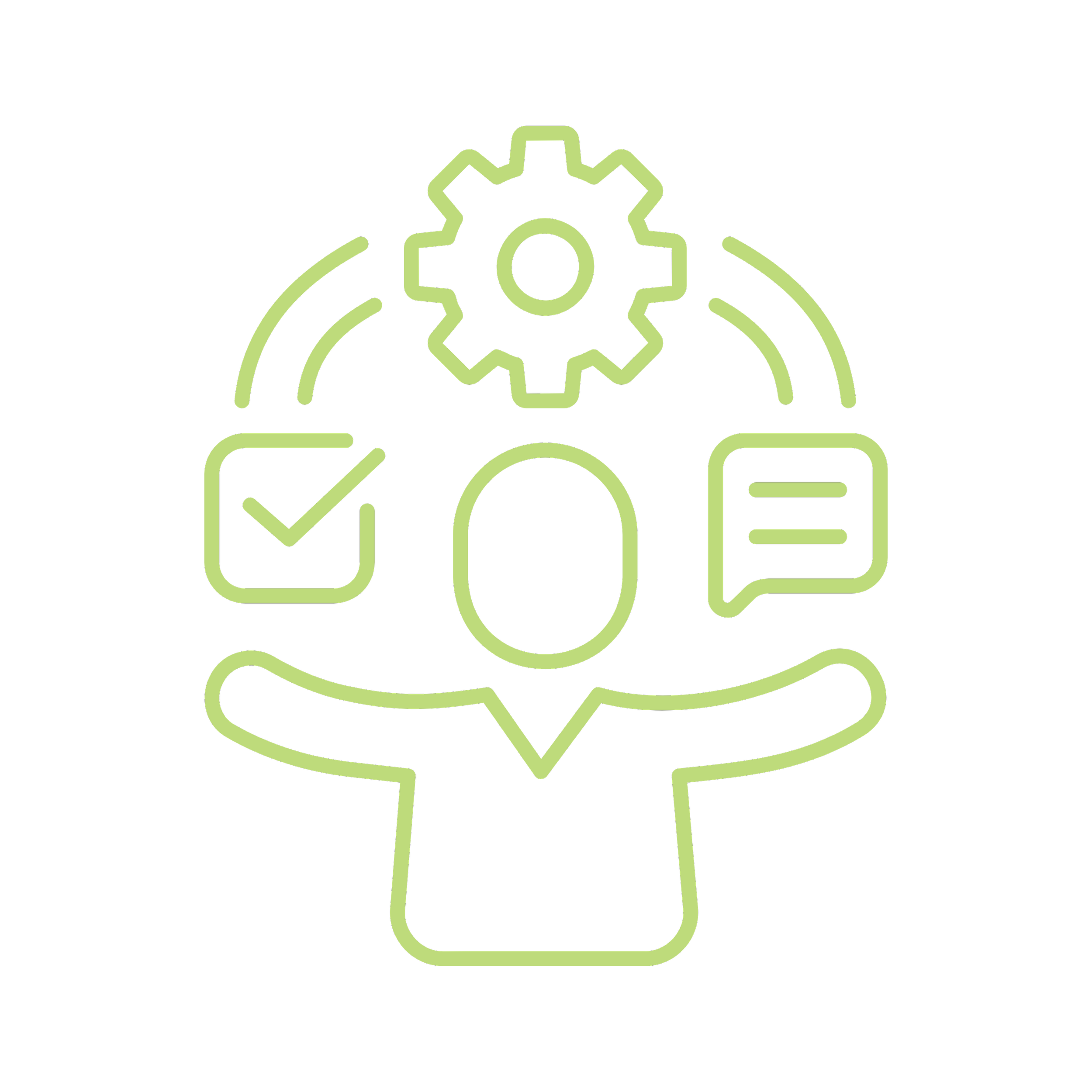 Hellgrüne Grafik einer Figur, die Checkbox, Zahnrad und Sprechblase jongliert.