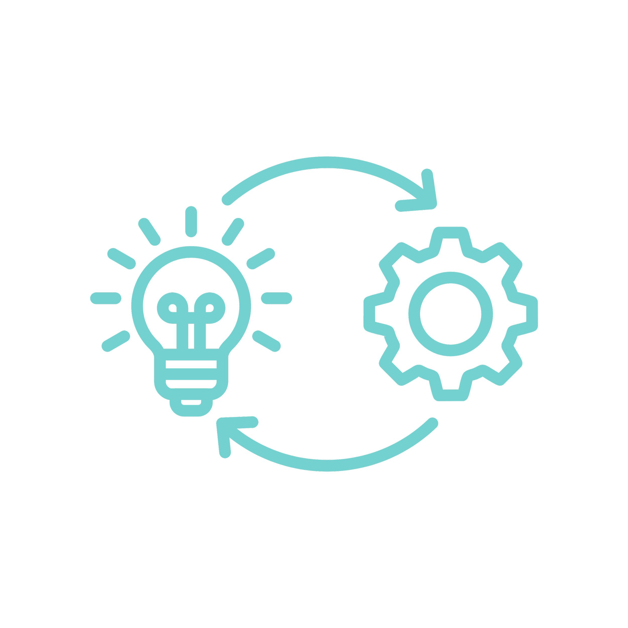 Grafik mit einer Glühbirne und einem Zahnrad, verbunden durch Pfeile, symbolisiert Innovation, Nachhaltigkeit und erneuerbare Energie.