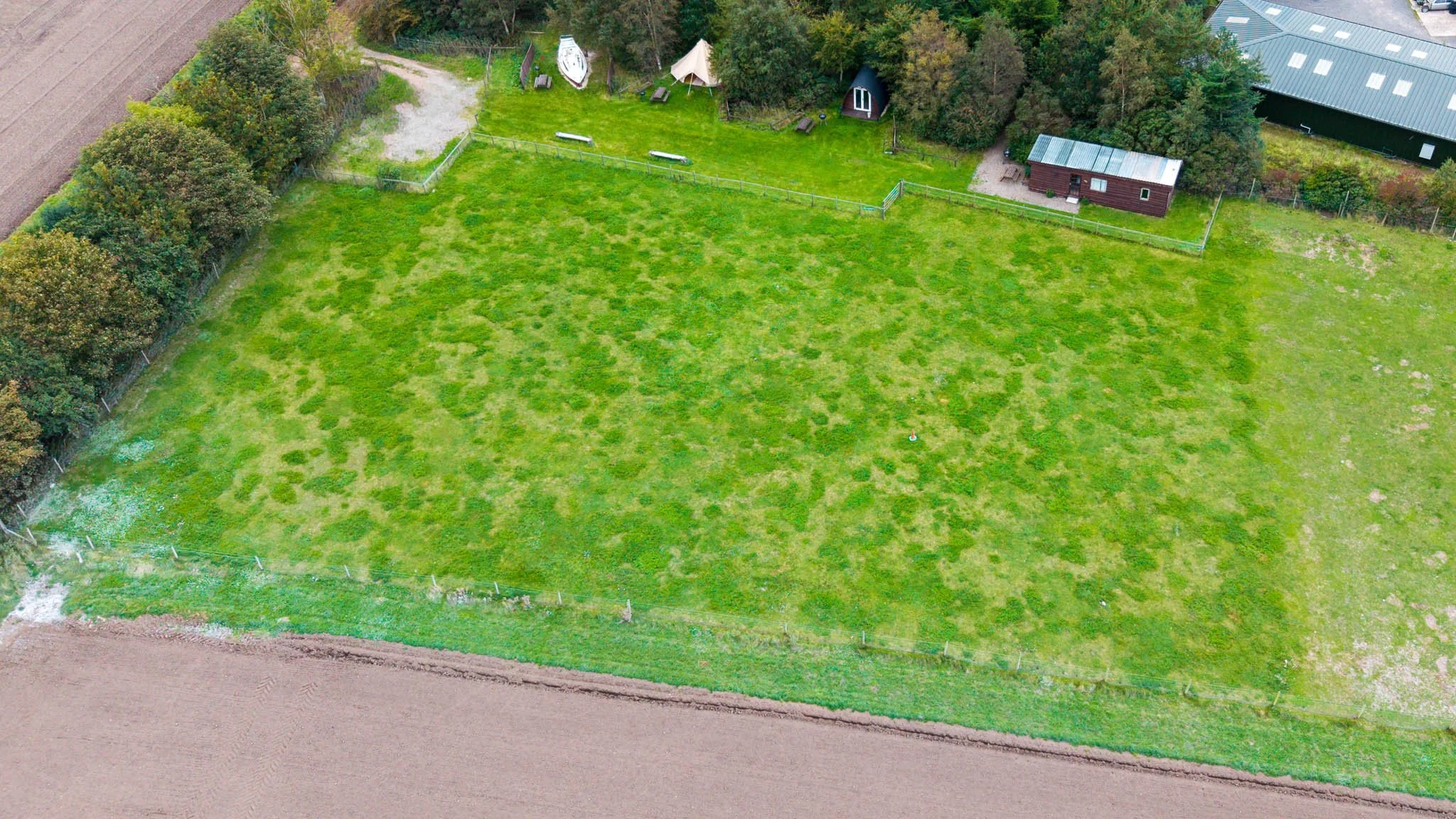 An aerial view of a green backyard with some small structures, surrounded by trees, a fence, and neighboring buildings.