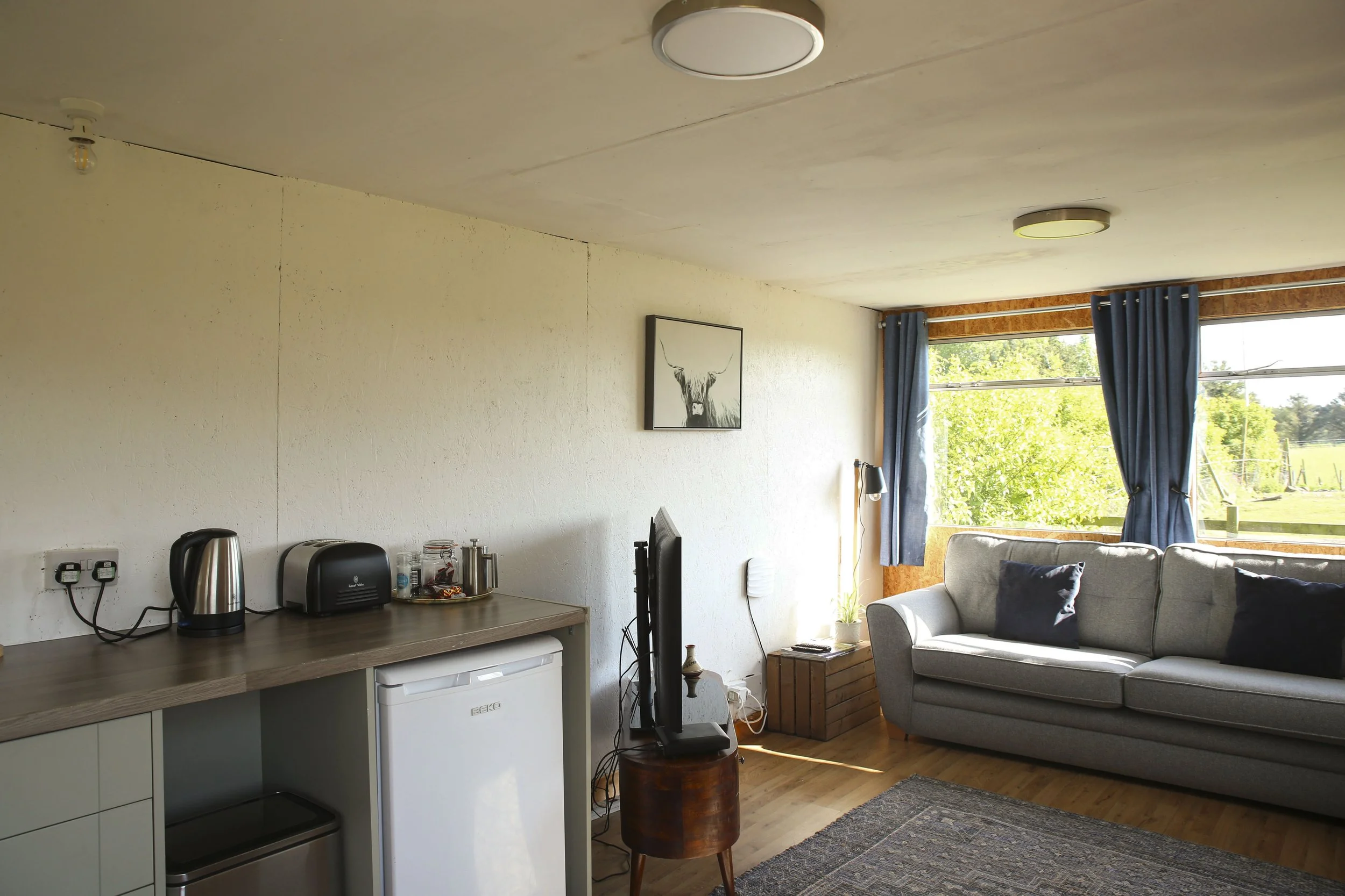 Living room with beige sofa, blue curtains, and large window showing greenery outside. Small TV on a stand, coffee table, and kitchen appliances including kettle and toaster on a counter.