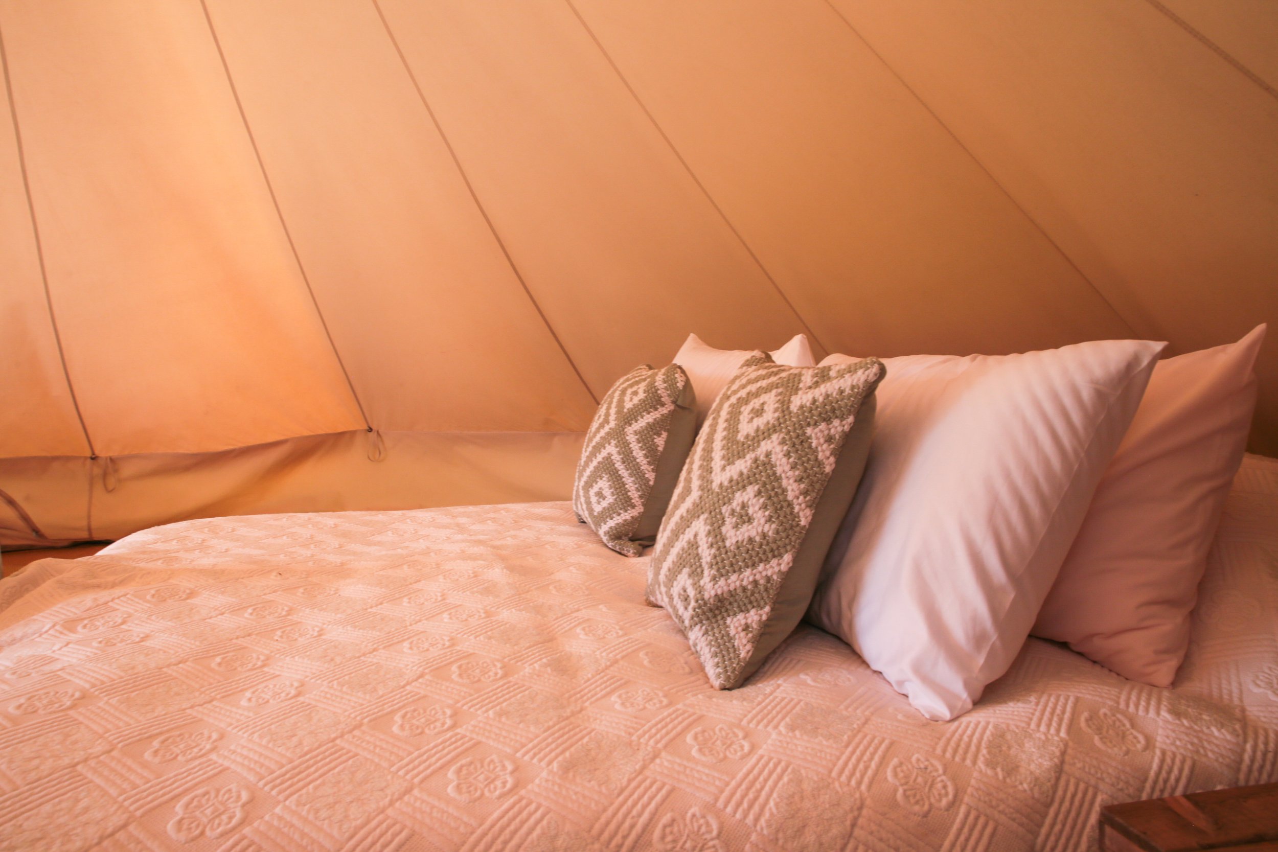 A neatly made bed with a quilted peach-colored bedspread, three white pillows, and two decorative pillows with a geometric pattern, against a curved peach-colored wall.