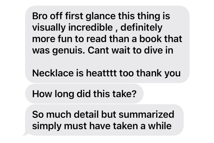 Screenshot of customer review for REOD.FORM creation, connecting to BODY.TXT zine: ‘Visually incredible… more fun to read than a book that was genius. Necklace is hottt too… so much detail.’ Testimonial praising craftsmanship, creativity, and deep co