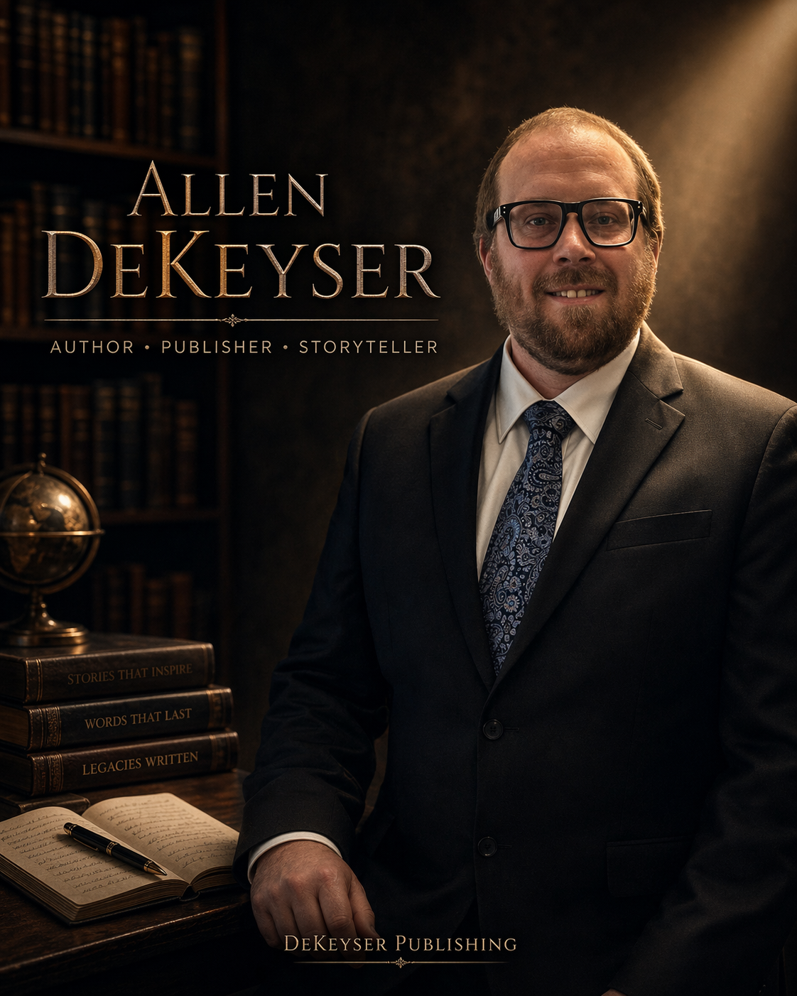 A man with glasses and a beard wearing a suit, standing in a library with books and a globe, smiling at the camera. Text reads: 'Allen DeKeyser, Author, Publisher, Storyteller. DeKeyser Publishing.'