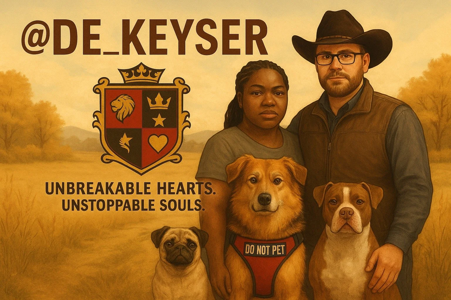 A painting of a woman and a man standing with four dogs, including a golden retriever with a harness labeled 'Do Not Pet,' against a rural landscape background. The text reads '@DE_KEYSER' with a shield emblem and the phrase 'Unbreakable Hearts. Unstoppable Souls.'
