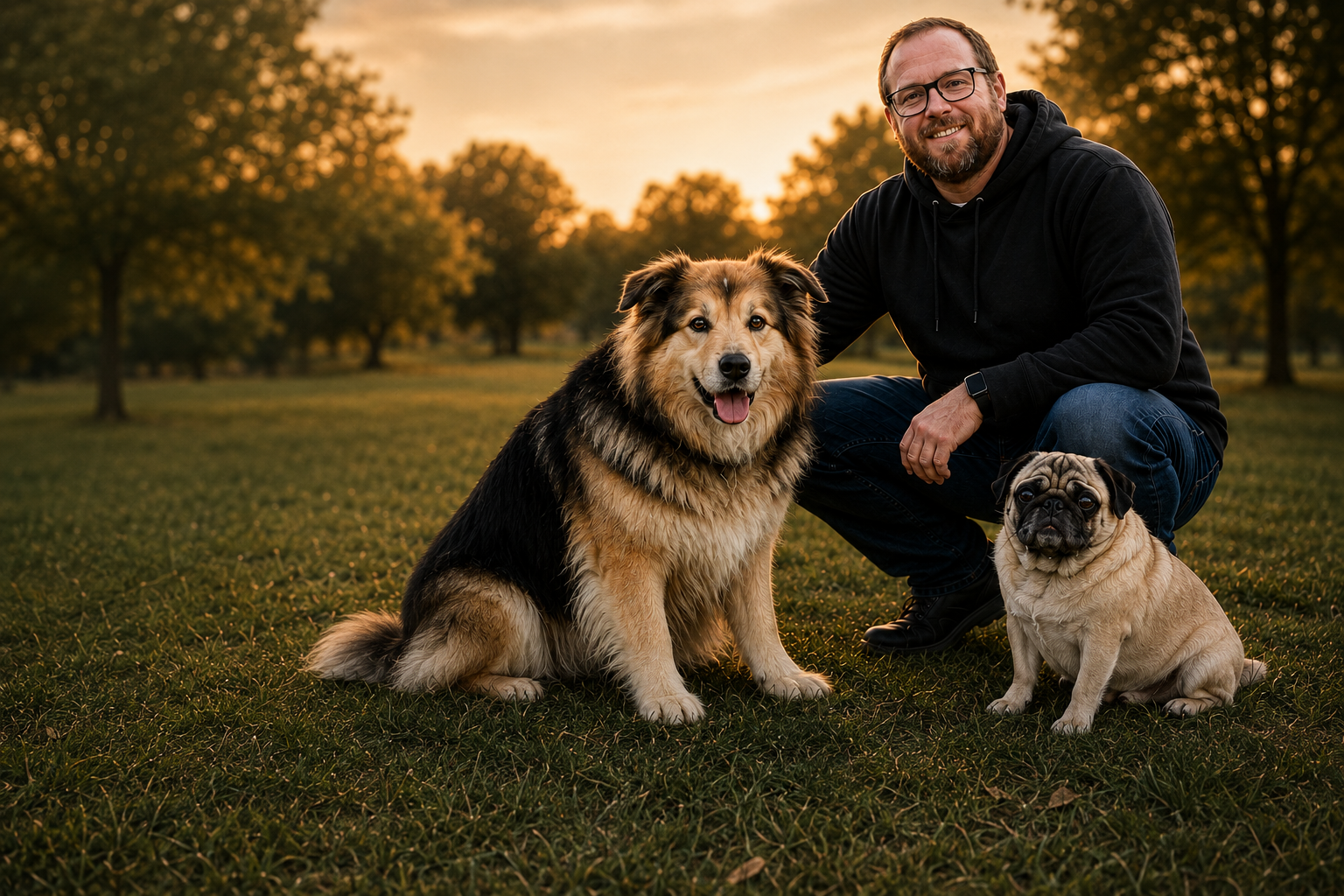 A man crouching on the grass with two dogs, an Australian Shepherd and a pug, in a park during sunset.