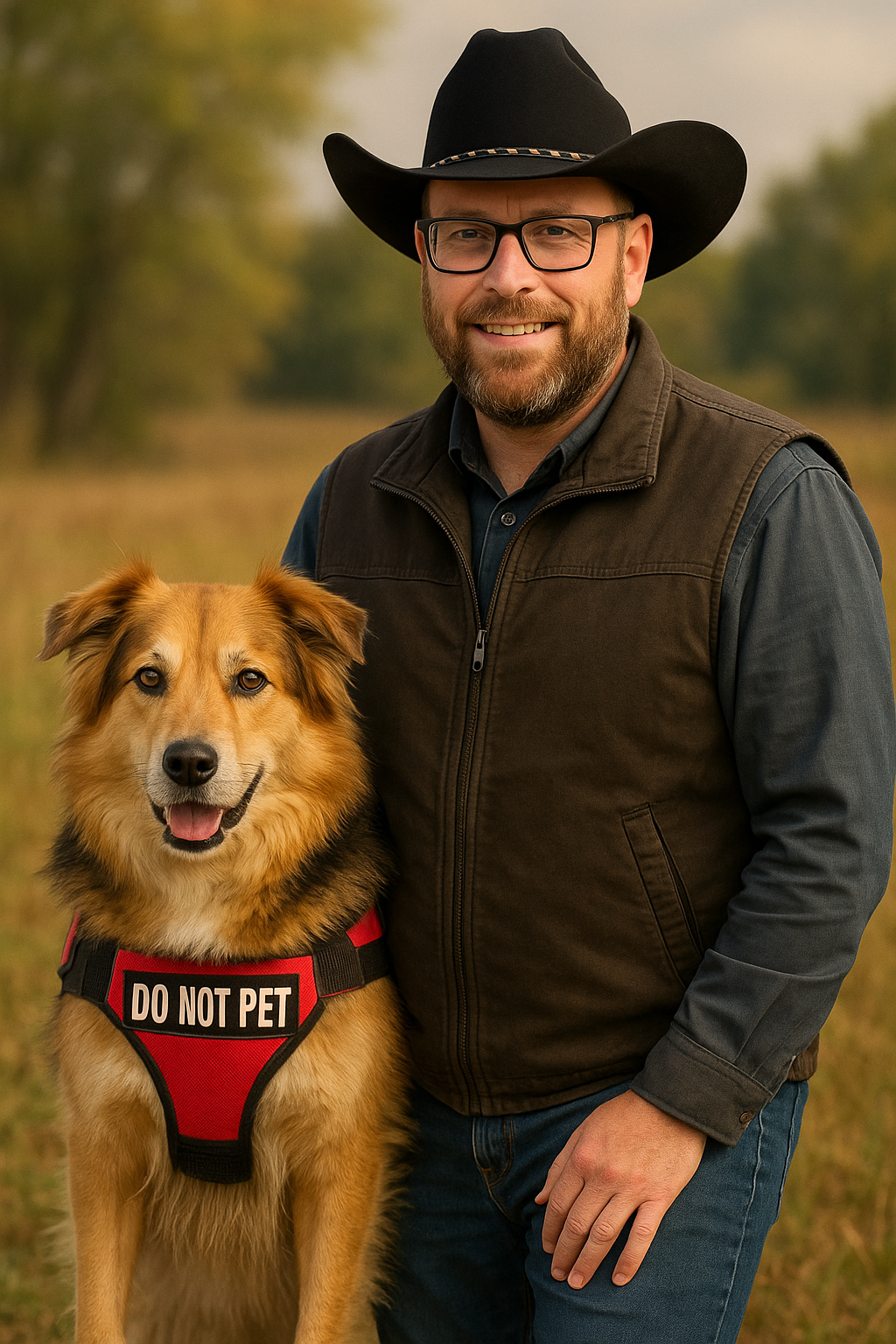 A man with glasses and a beard wearing a black cowboy hat, a brown vest over a blue shirt, standing outdoors with a happy, alert dog wearing a red vest that says 'DO NOT PET'.