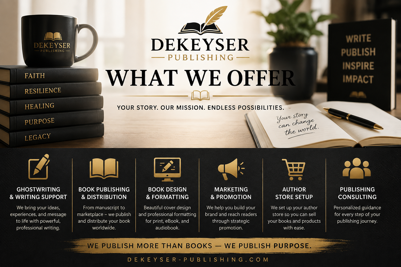 Promotional graphic for Dekeyser Publishing showing the services offered: ghostwriting, book publishing, book design, marketing, author store setup, and publishing consulting, with an inspirational workspace background including books, a notebook, a pen, and a potted plant.