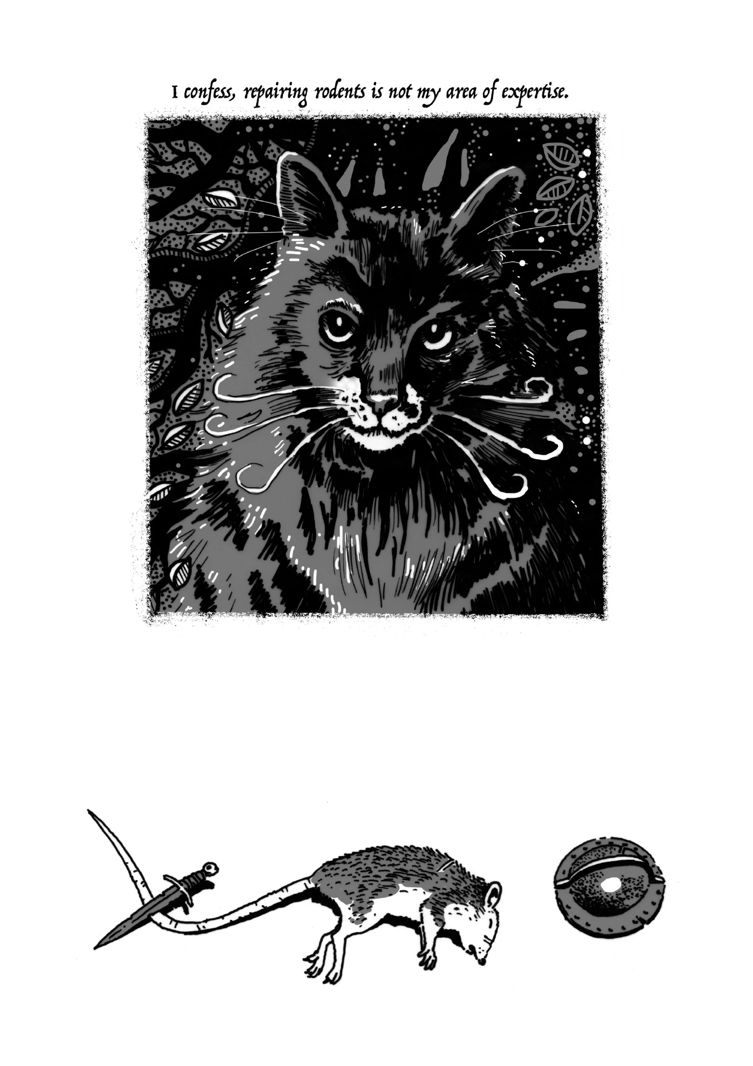 Concept art showing a debonaire cat and a dead rat