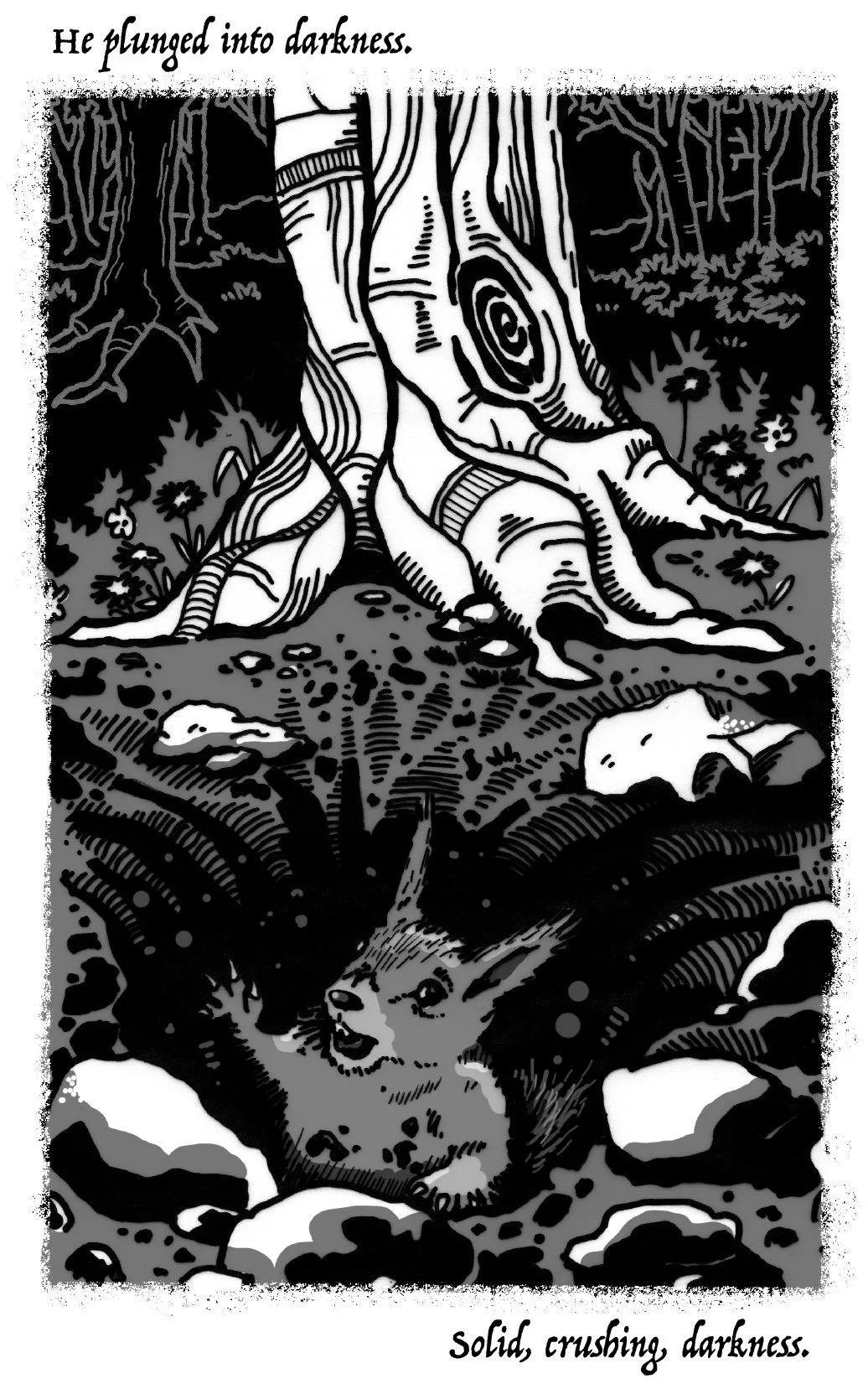 Concept art showing a squirrel struggling in an earthy hole beneath a tree