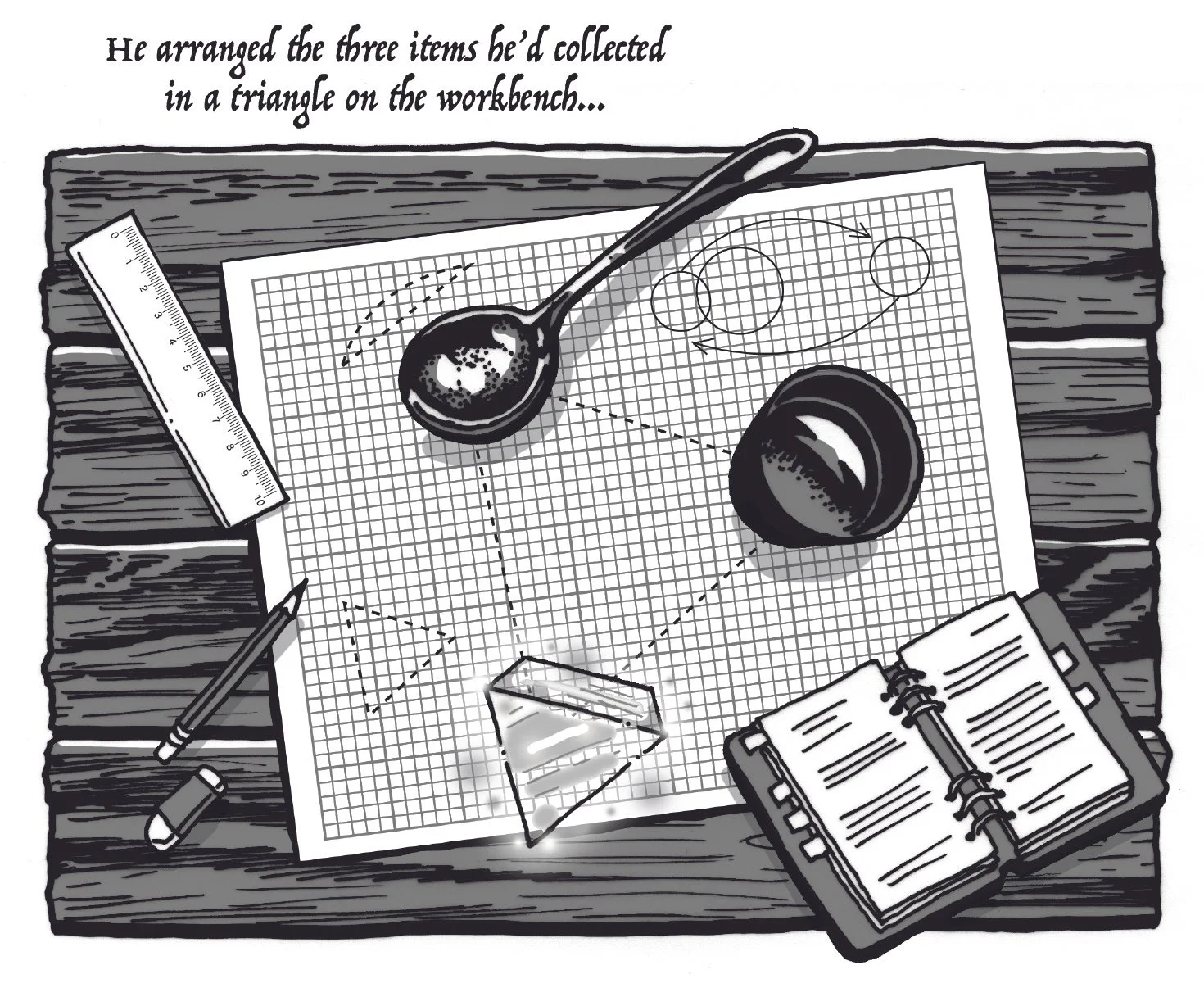 Concept art showing a prism, silver spoon and telescope lens