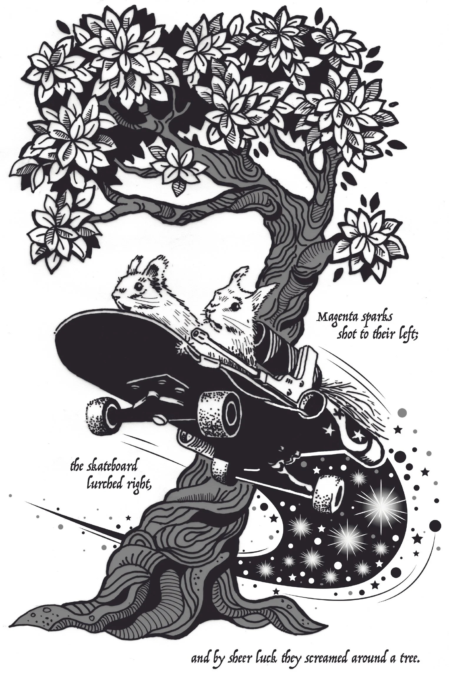 Concept art showing squirrels riding a rocket powered skateboard