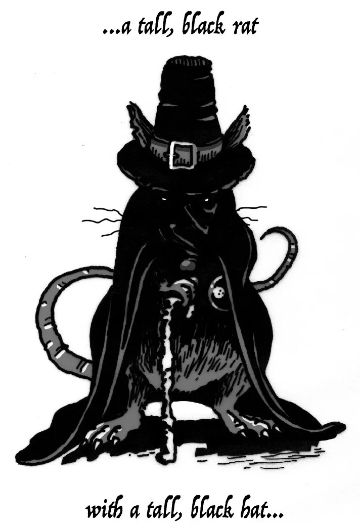 Concept art showing a black rat in 17th century clothing