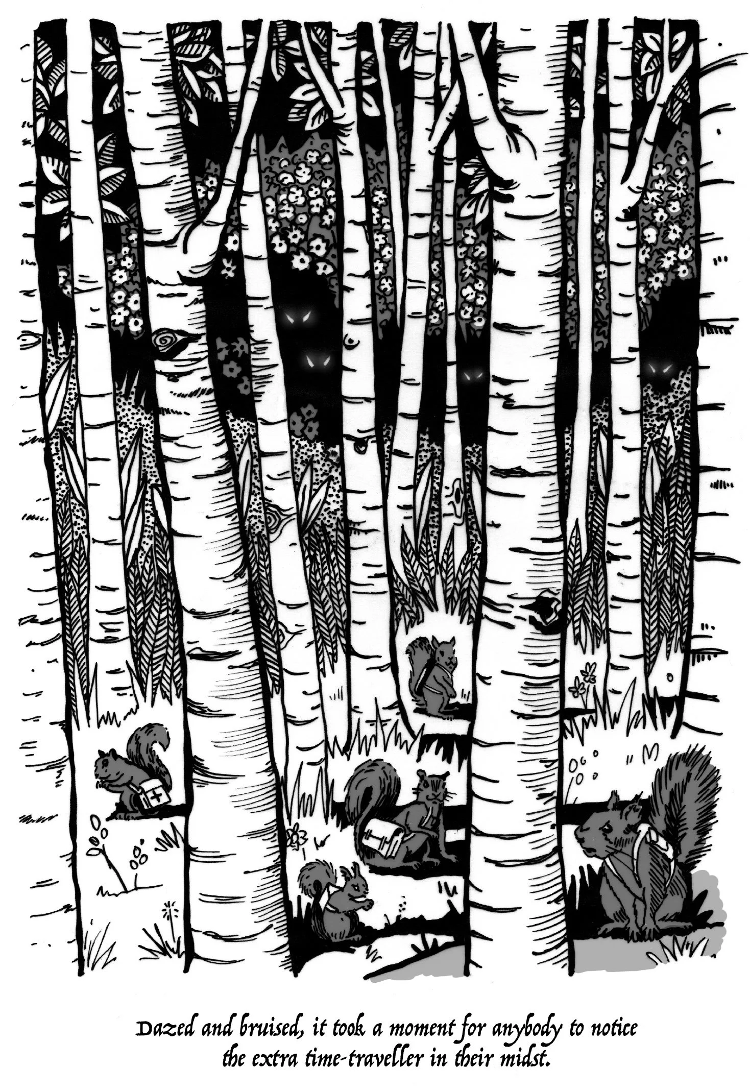 Concept art showing 5 squirrel adventurers in a wood