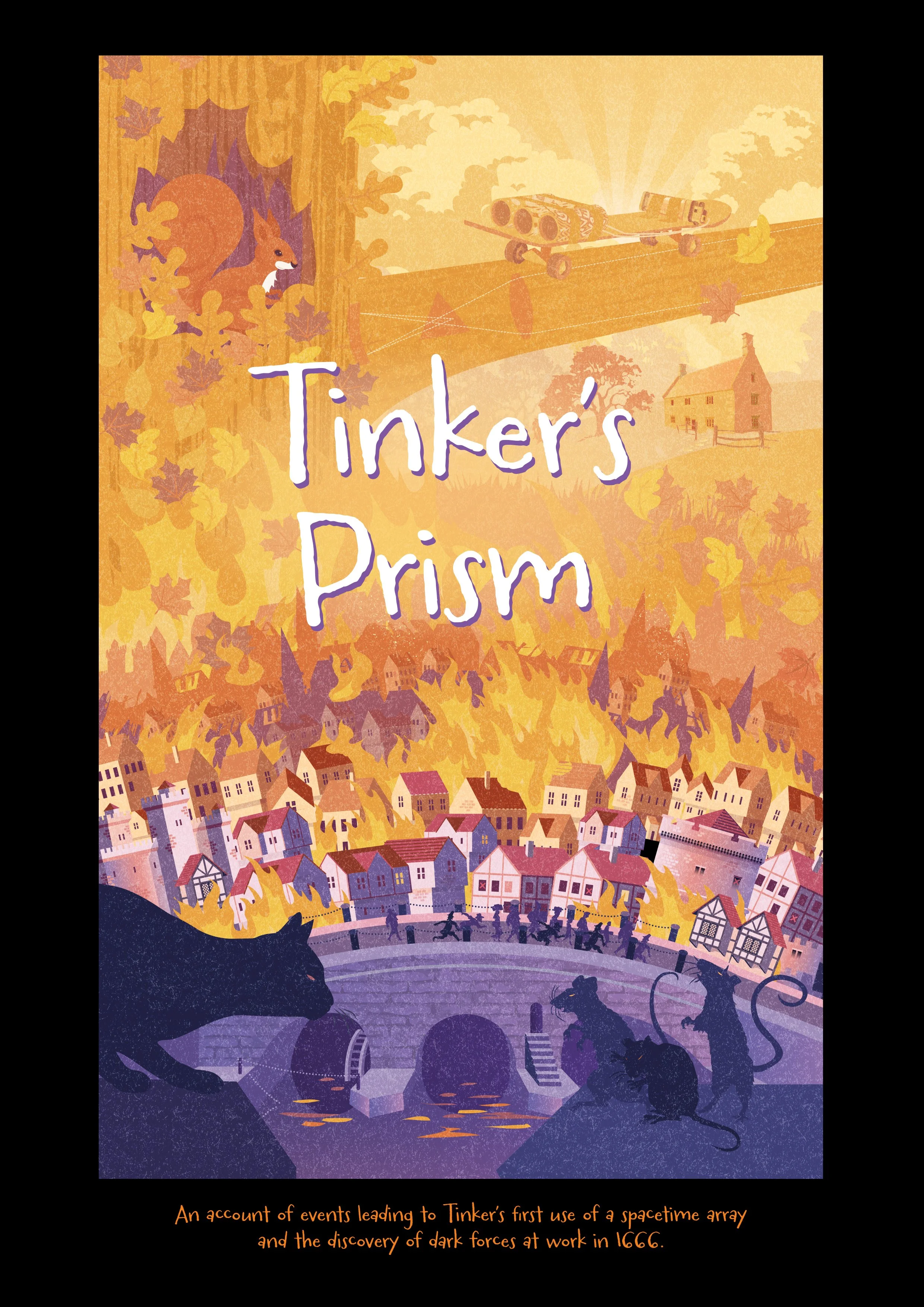 Early cover of Tinker's Prism - scene of London burning, with rats and a cat in the foreground.