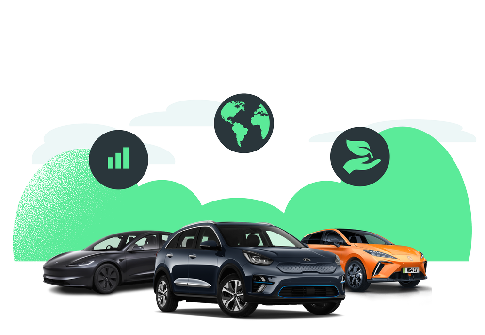 Drei Elektroautos, darunter eine schwarze Limousine, ein blauer SUV und ein orangefarbener Sportwagen, mit grünen Umweltsymbolen im Hintergrund.