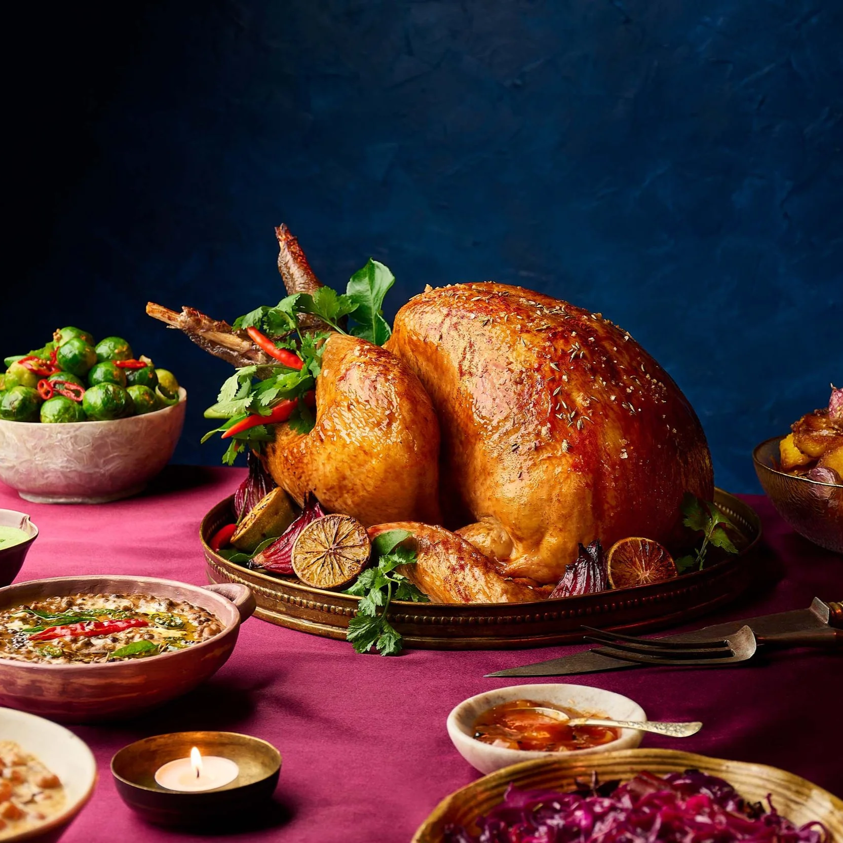 A Thanksgiving feast with a roasted turkey at the center surrounded by side dishes including a bowl of peas, a bowl of mashed potatoes with gravy, a bowl of pickled vegetables, a bowl of salad with lemons, a bowl of chili, and a bowl of chickpeas. Th
