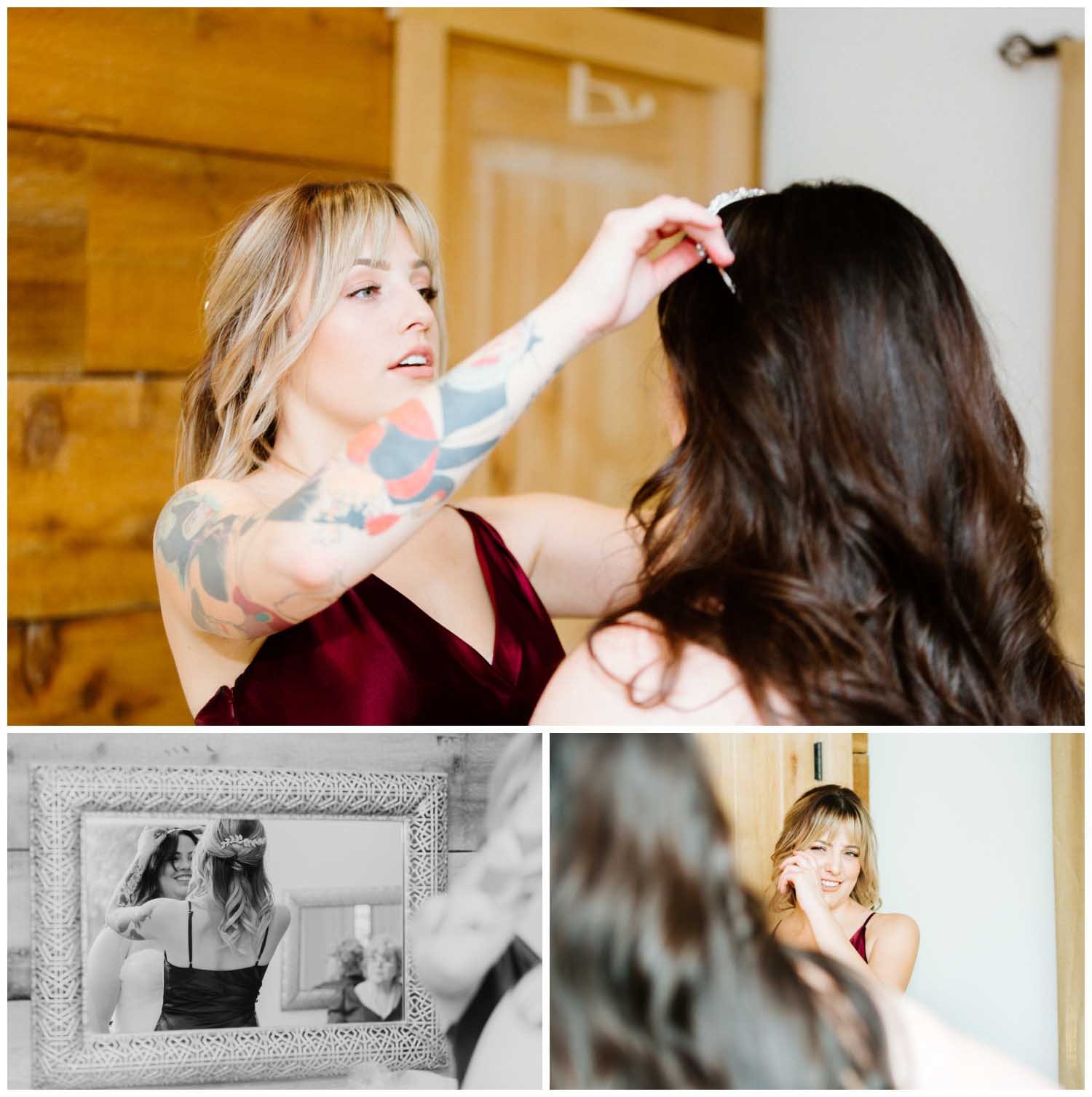 Maid of honor helps bride get ready and cries
