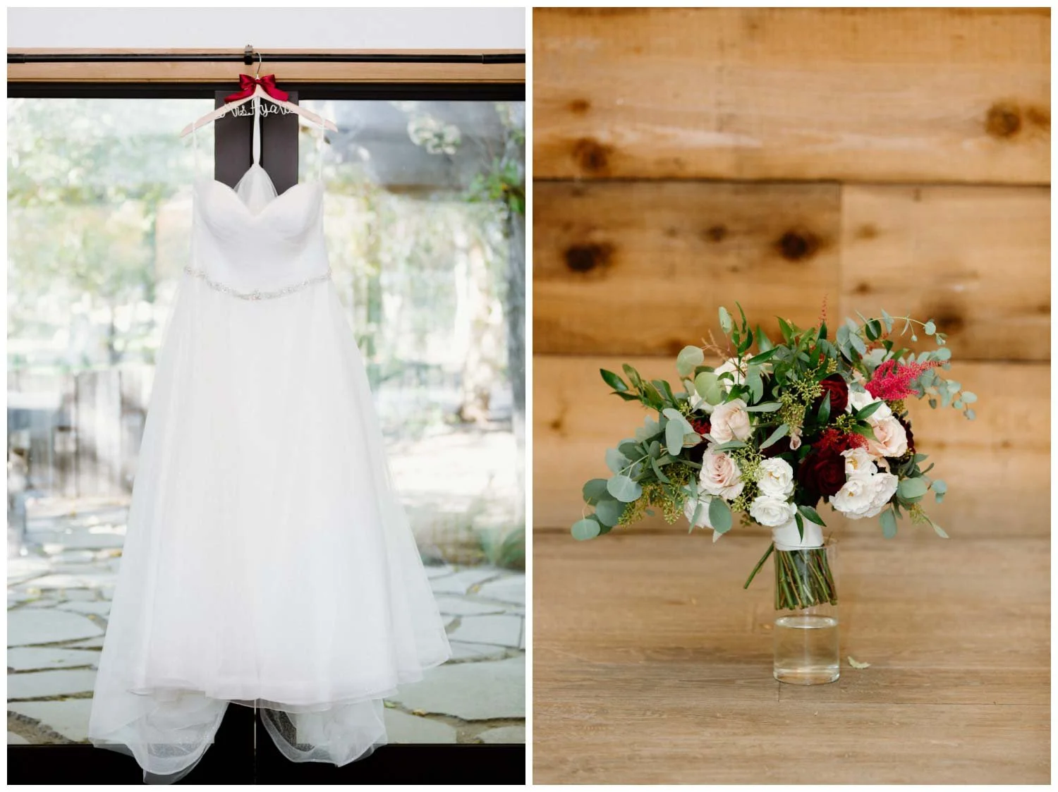 Hanging Bride dress and Bridal Bouquet with red and dusty pink roses