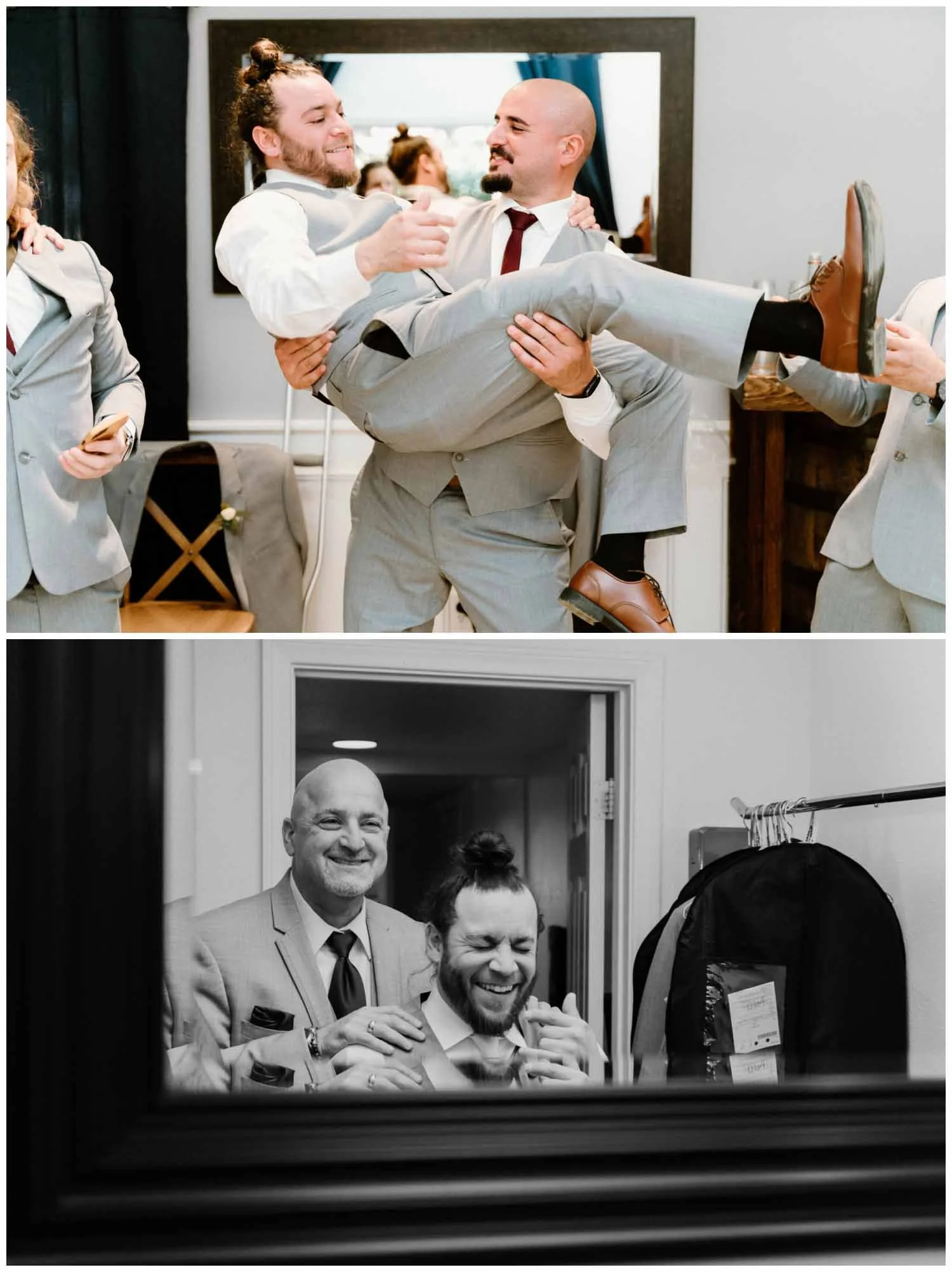 Best Man carries the groom for fun and candid prep photos Galway Downs Temecula