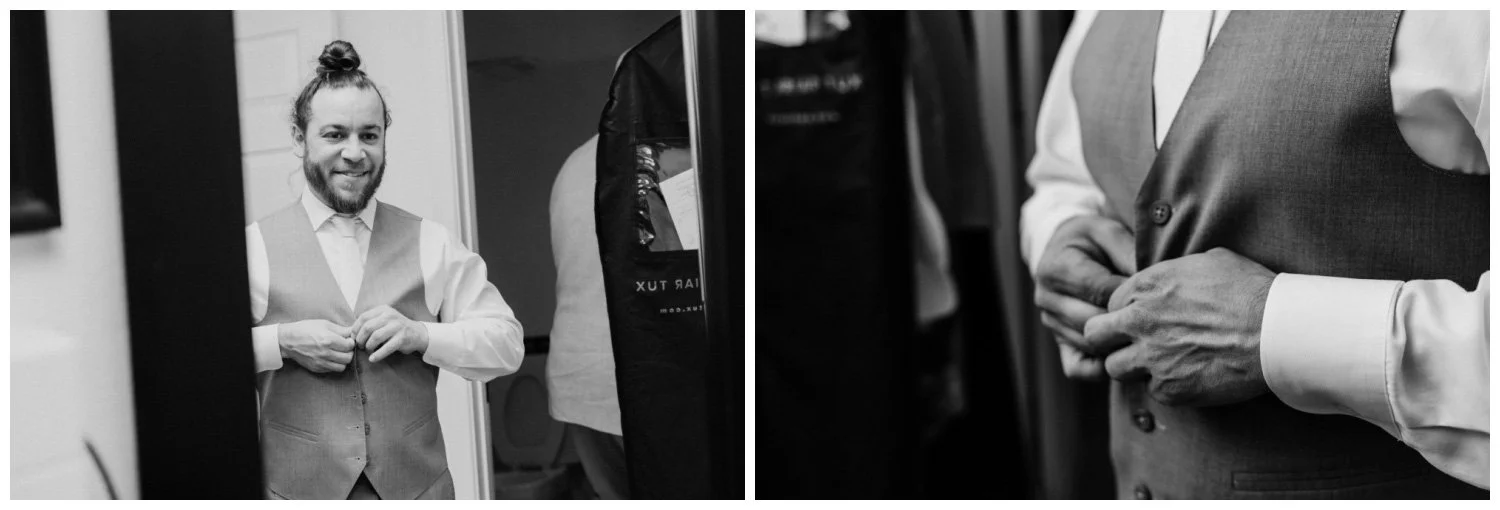 black and white groom prep photos in Galway Downs, CA