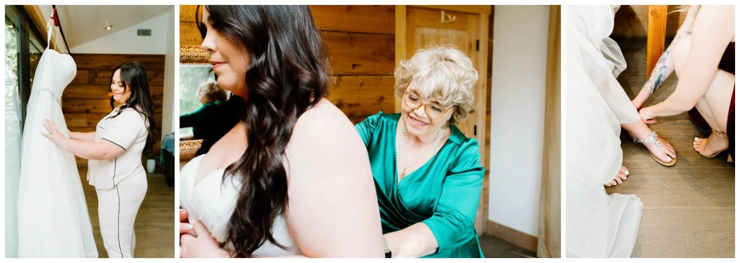Mom helps bride get into wedding dress in bridal suite Galway Downs Temecula, CA