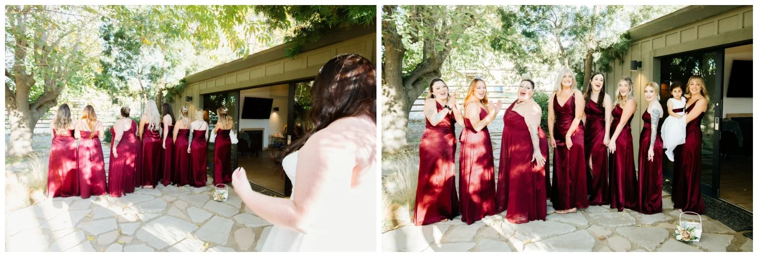Bridesmaids reactions to first look with bride Galway Downs, CA