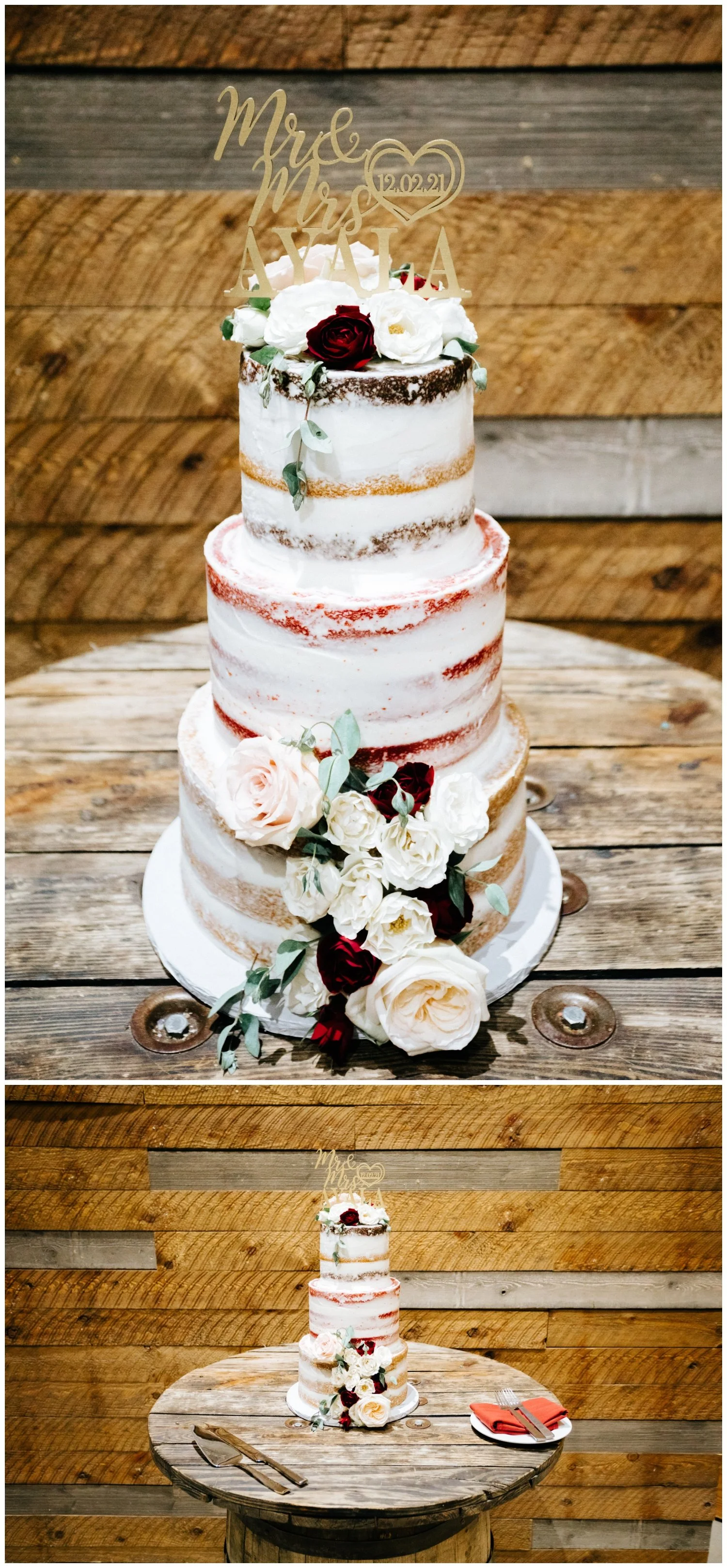 Semi-naked wedding cake with florals in Galway Downs by Wedgewood