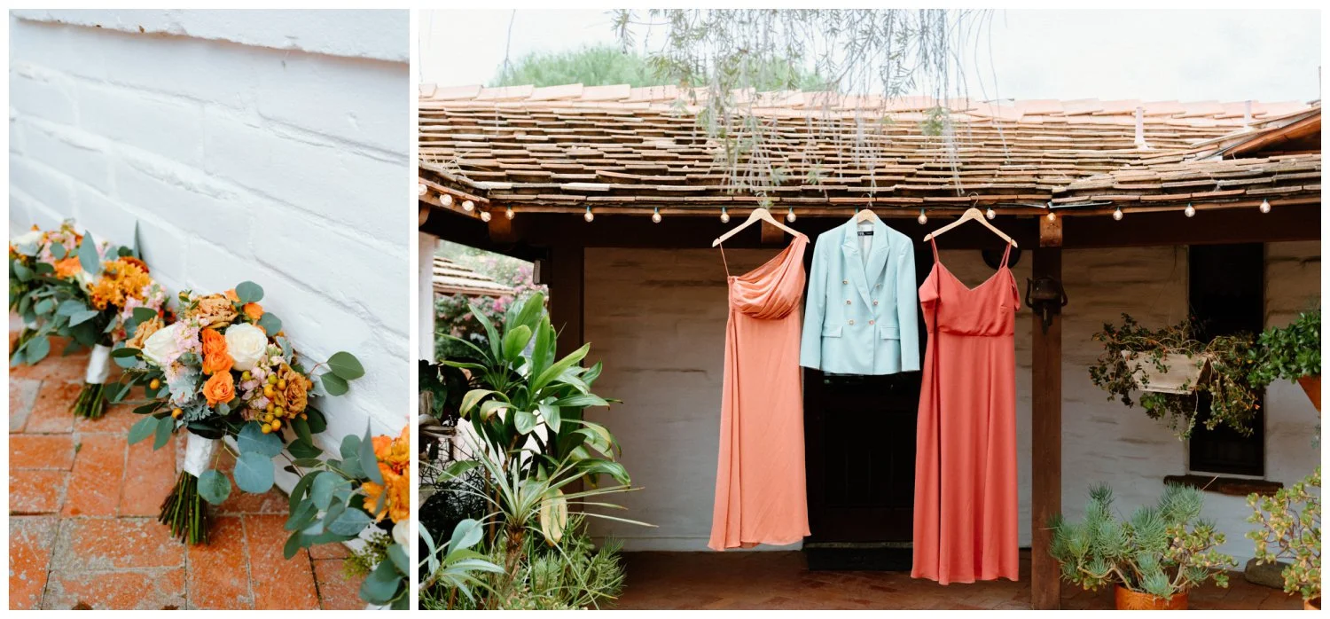 Bride and bridesmaids bouquets in rust orange and greens with rust dresses and pastel teal women's jumpsuit at boho chic wedding Old Rancho Estate, Carlsbad, California