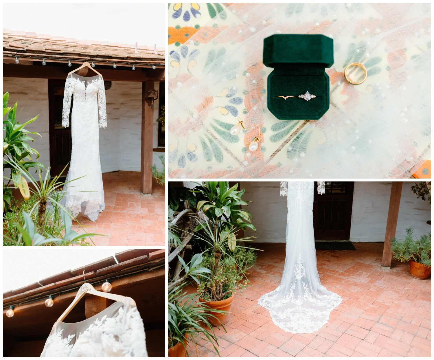 Emerald Wedding ring box and boho wedding dress detail shots at Belen and Ross wedding Carlsbad CA