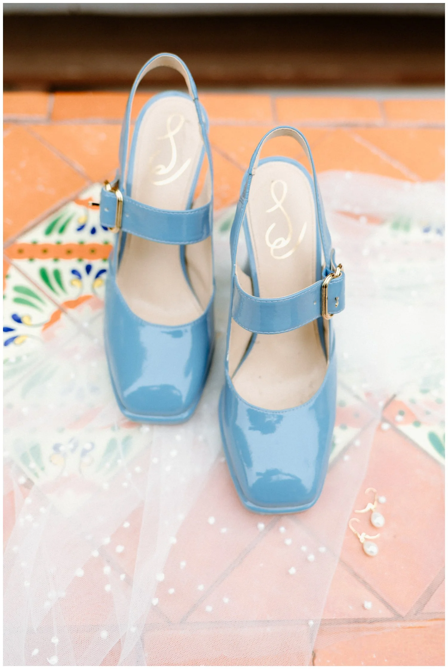 Baby blue mary jane heels, bridal shoes with spanish tiles at the old rancho estate in san diego, ca