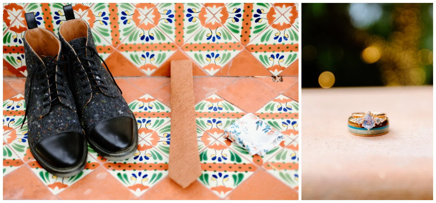 Groom's textured grey shoes and rust orange tie with green wedding ring spanish inspired details at boho chic wedding venue in carlsbad, ca