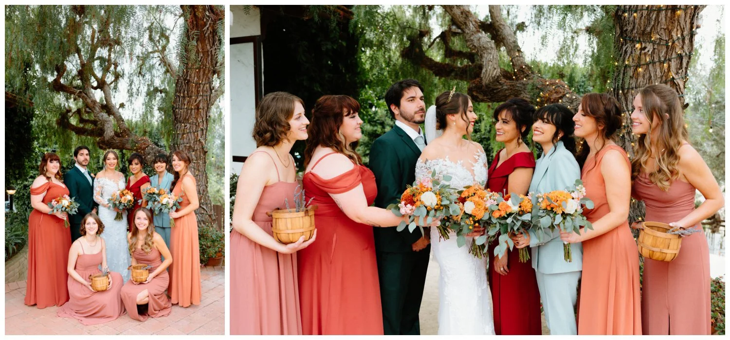 Bride and Bridesmaids candid group photo in rust orange and teal dresses at boho chic wedding Old Rancho Estate, Carlsbad, California
