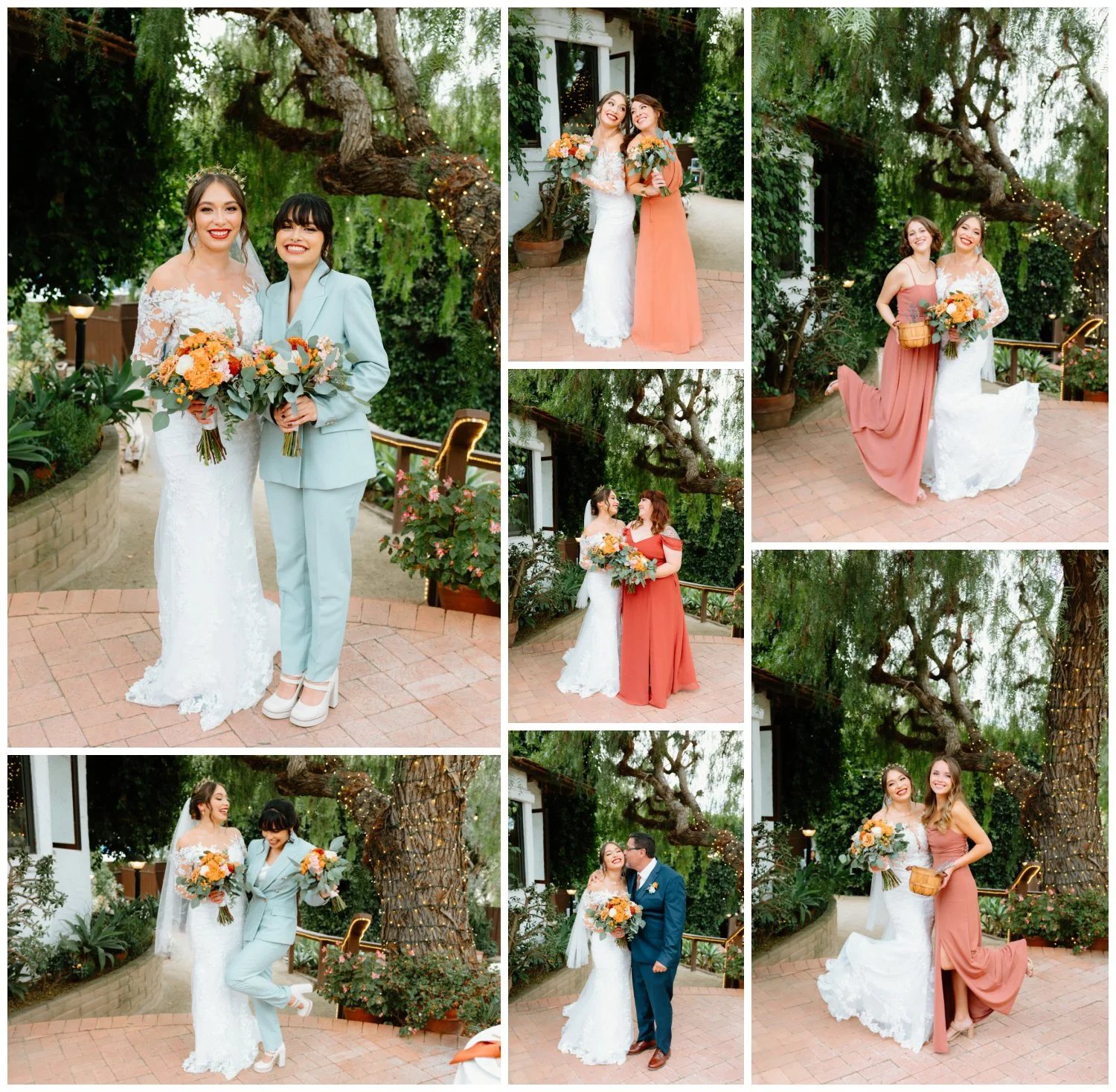 bride with her bridesmaids, candid and playful wedding photos in the old rancho estate carlsbad, ca