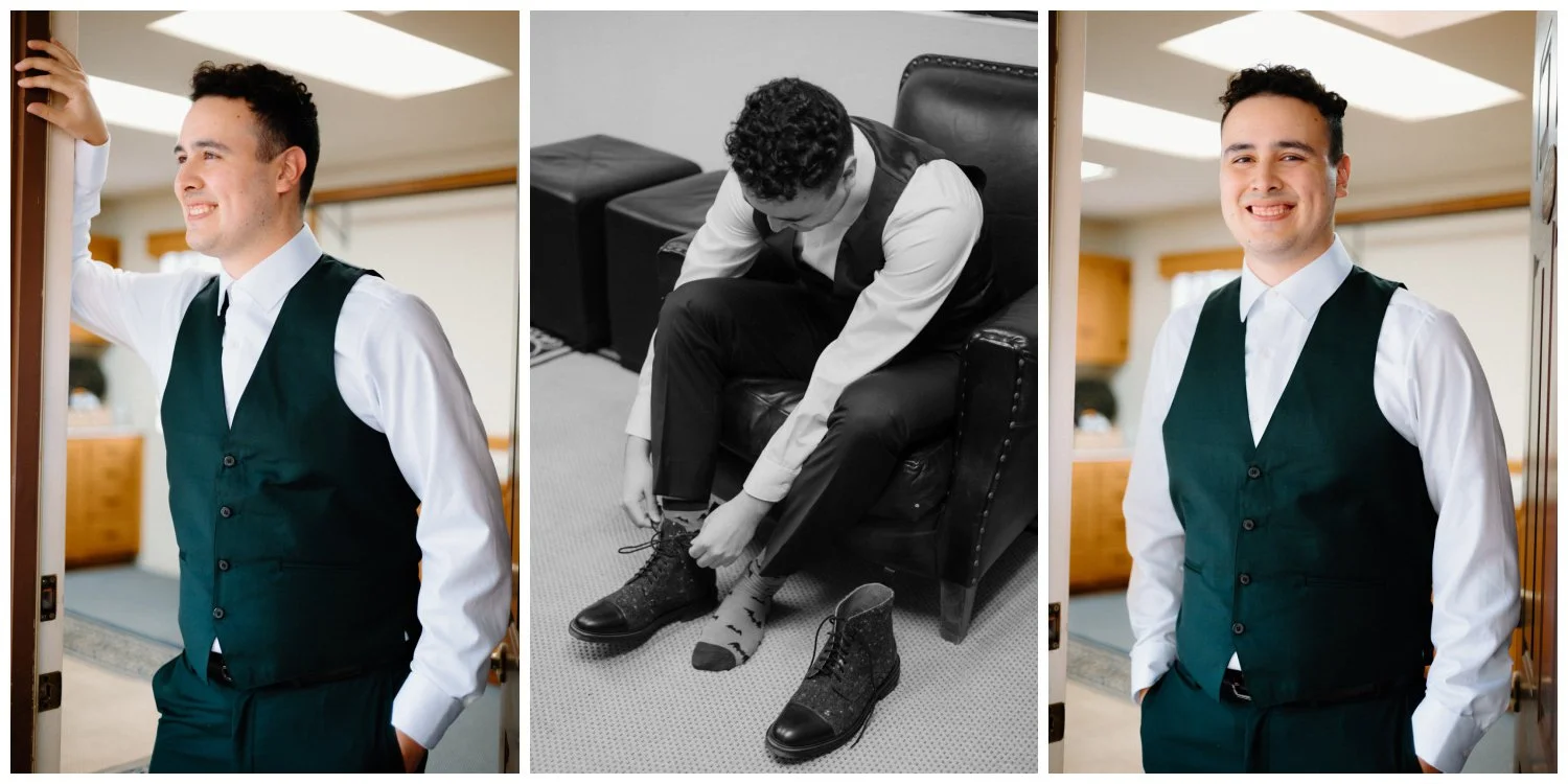 groom getting ready with emerald green tux in carlsbad, ca