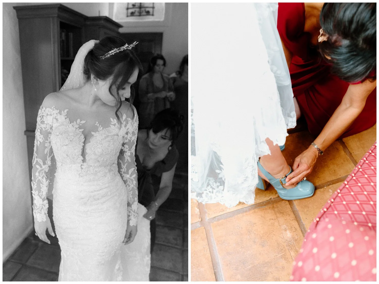 Bride's mom putting on bride's something blue shoes, authentic and candid wedding photography in the old rancho estate carlsbad, ca