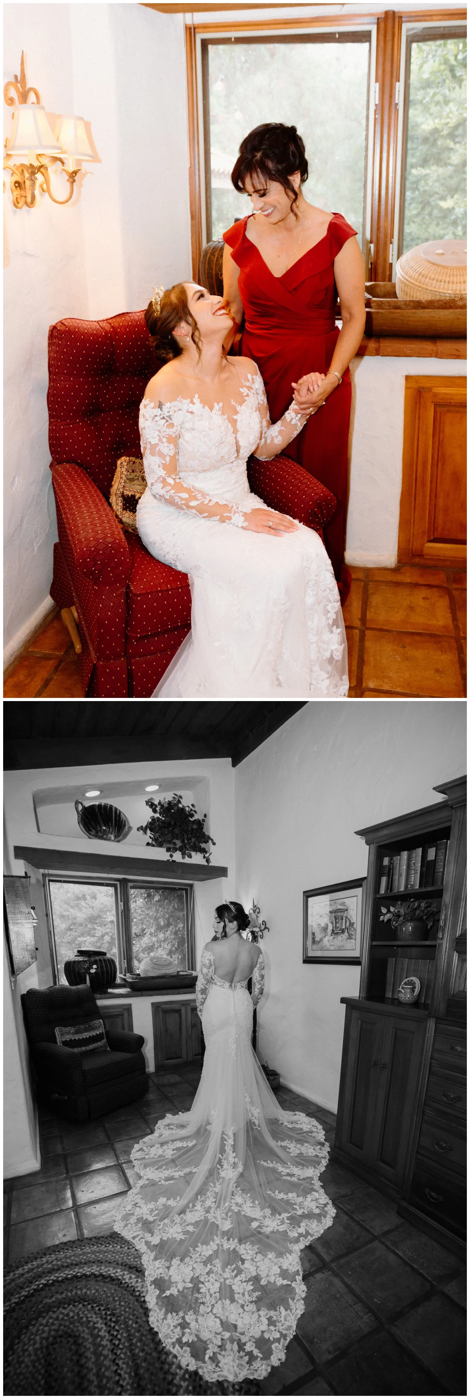 bride sharing a moment with mom and black and white photo of the back of bride's dress in old rancho estate san diego, ca