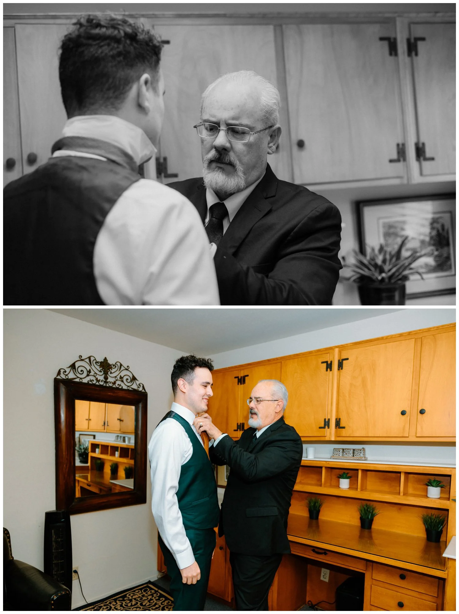 Dad helps the groom get ready, candid prep photos in the old rancho estate 
